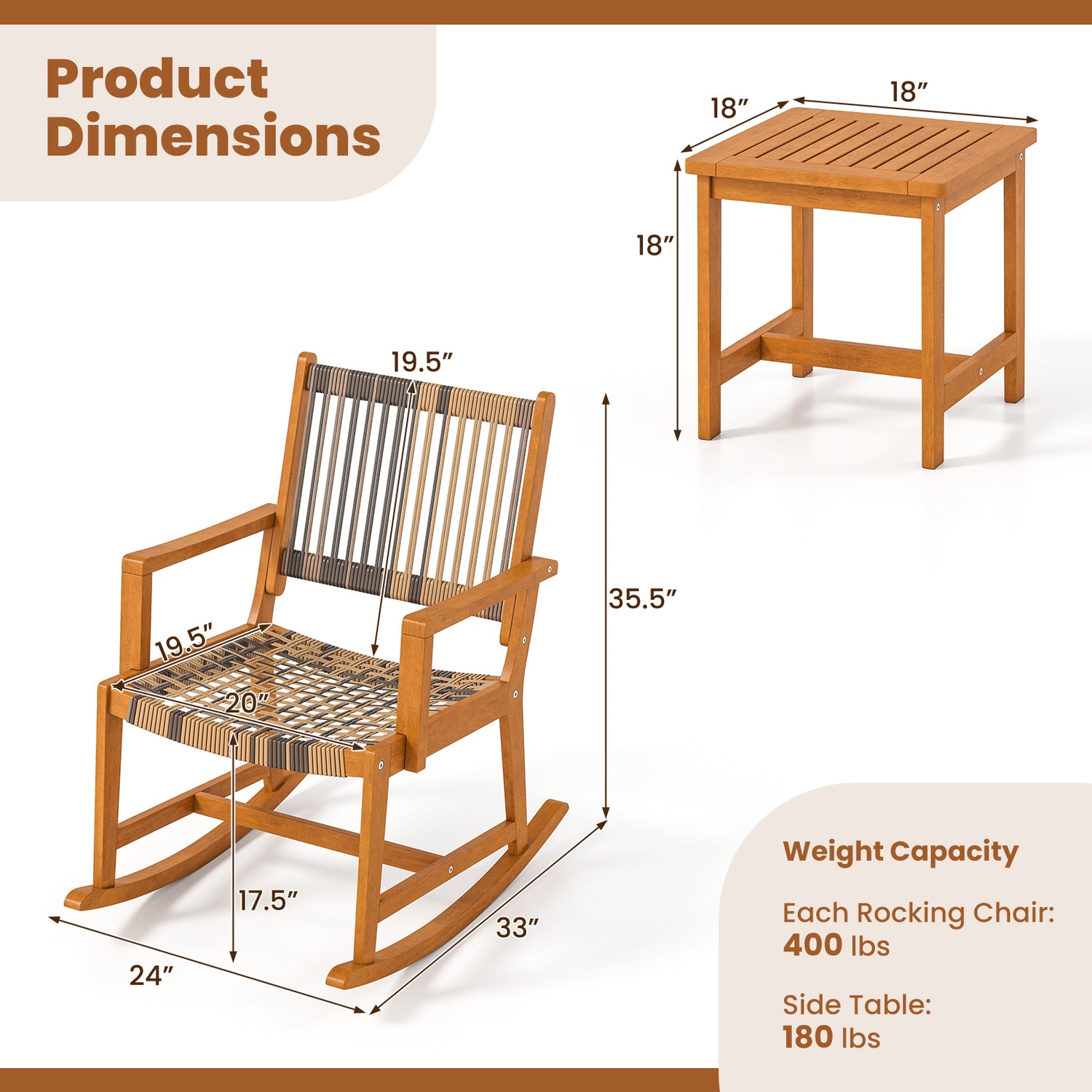 3 Piece Patio Rocking Set Acacia Wood Rocker Bistro Set with Rattan Seat and Back