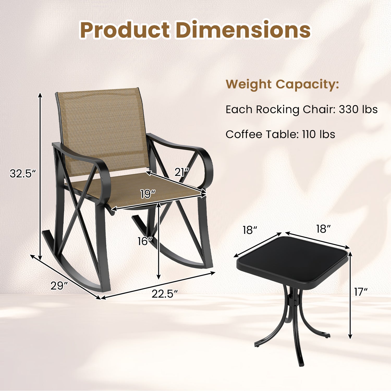 3 Piece Patio Rocking Set with Smooth Rocking Motion Outdoor Rocker Chair Bistro Set