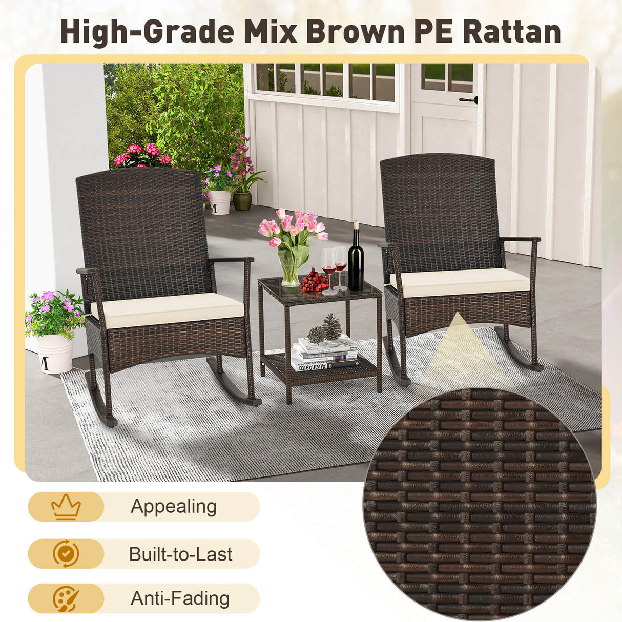 3 Piece Patio Rocking Set Wicker Rocking Chairs with 2-Tier Coffee Table