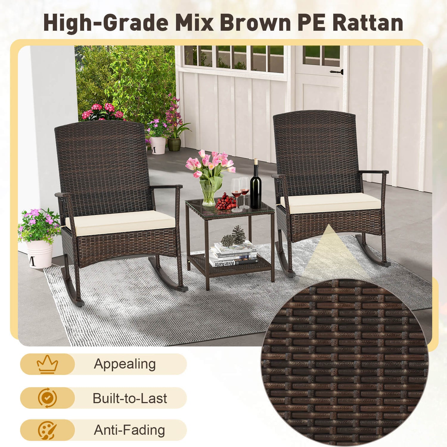 3 Piece Patio Rocking Set Wicker Rocking Chairs with 2-Tier Coffee Table