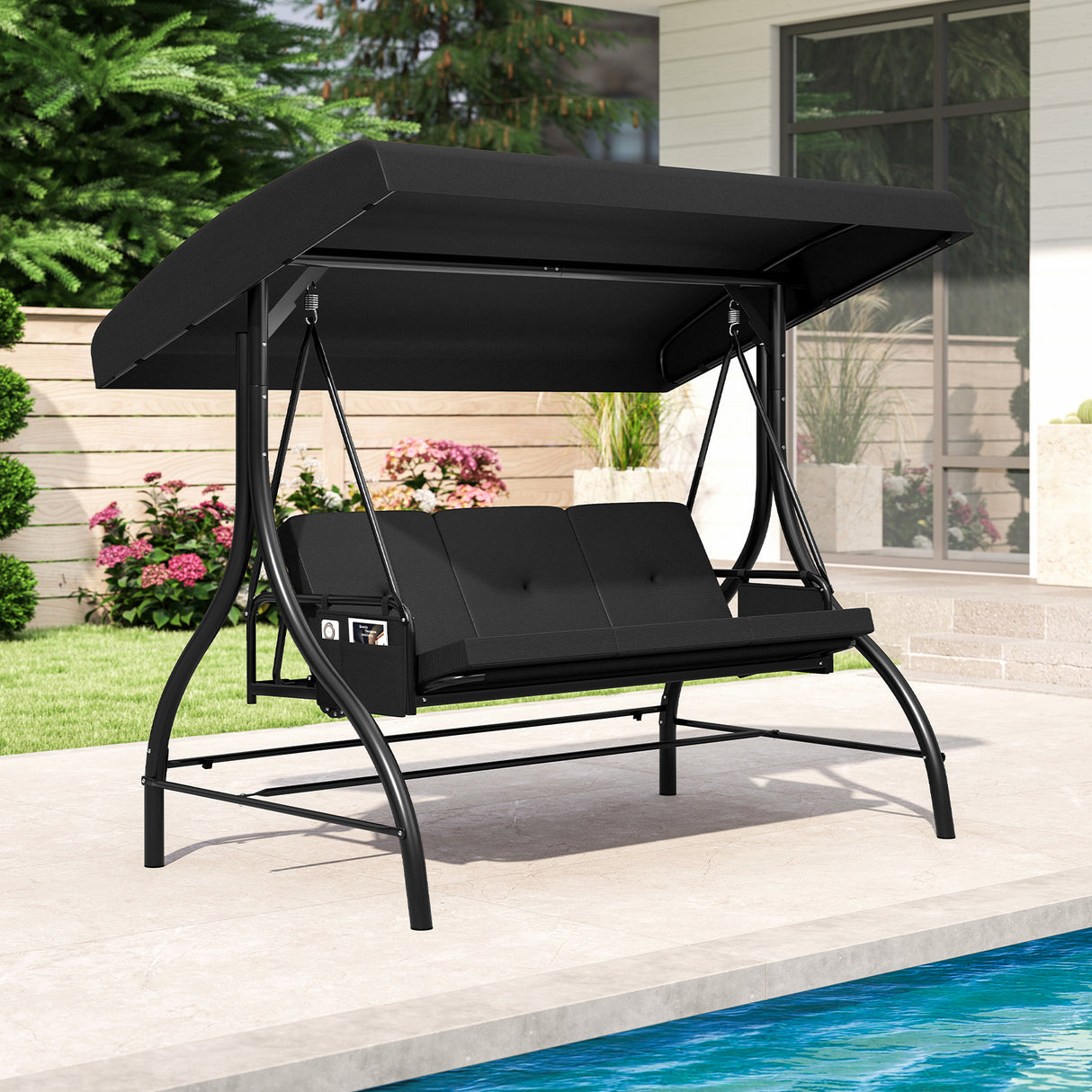 3-Piece Patio Swing with Canopy Removable Cushions and Side Pockets