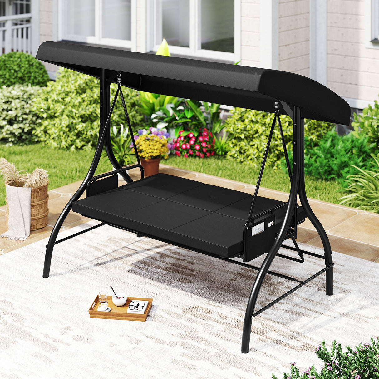 3-Piece Patio Swing with Canopy Removable Cushions and Side Pockets