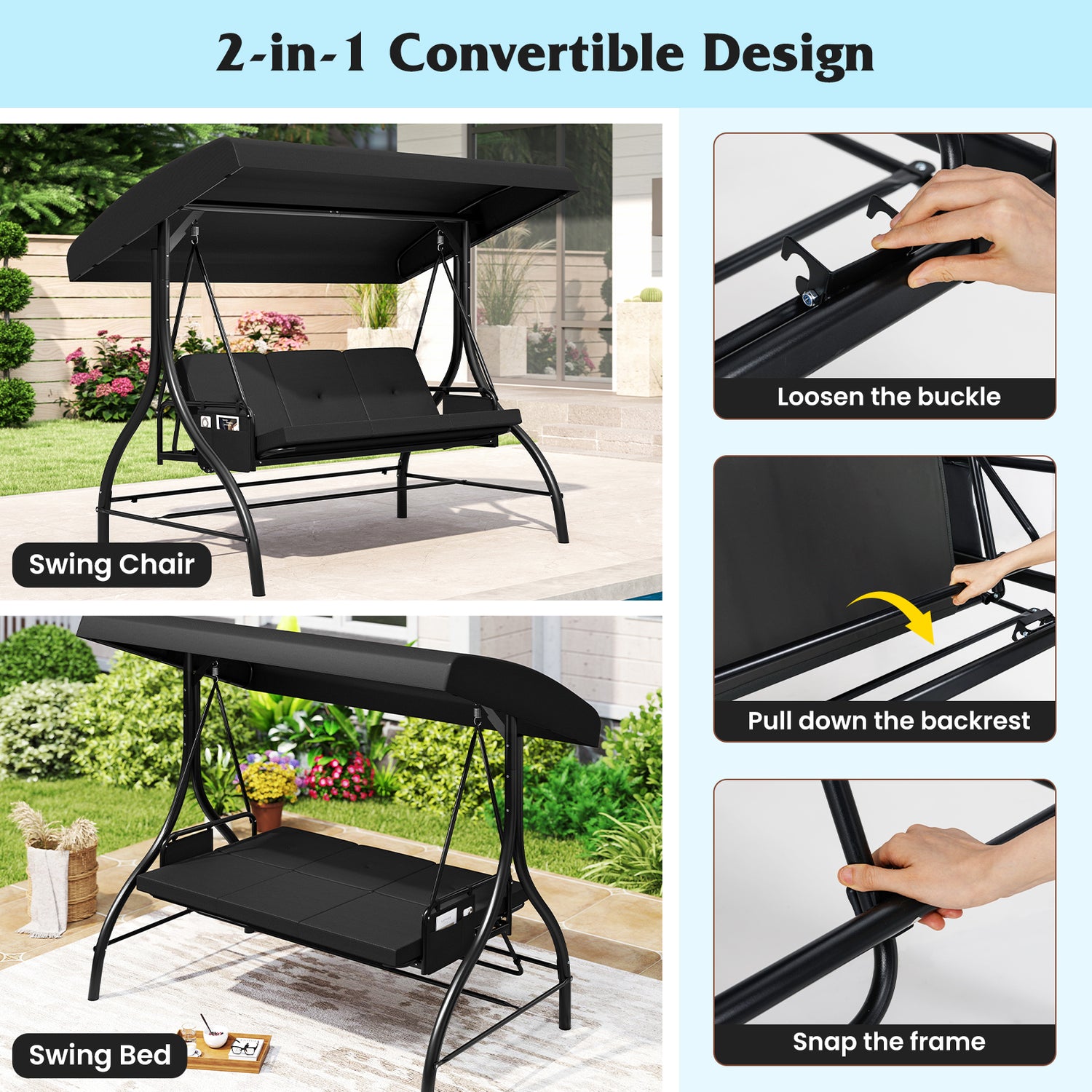3-Piece Patio Swing with Canopy Removable Cushions and Side Pockets
