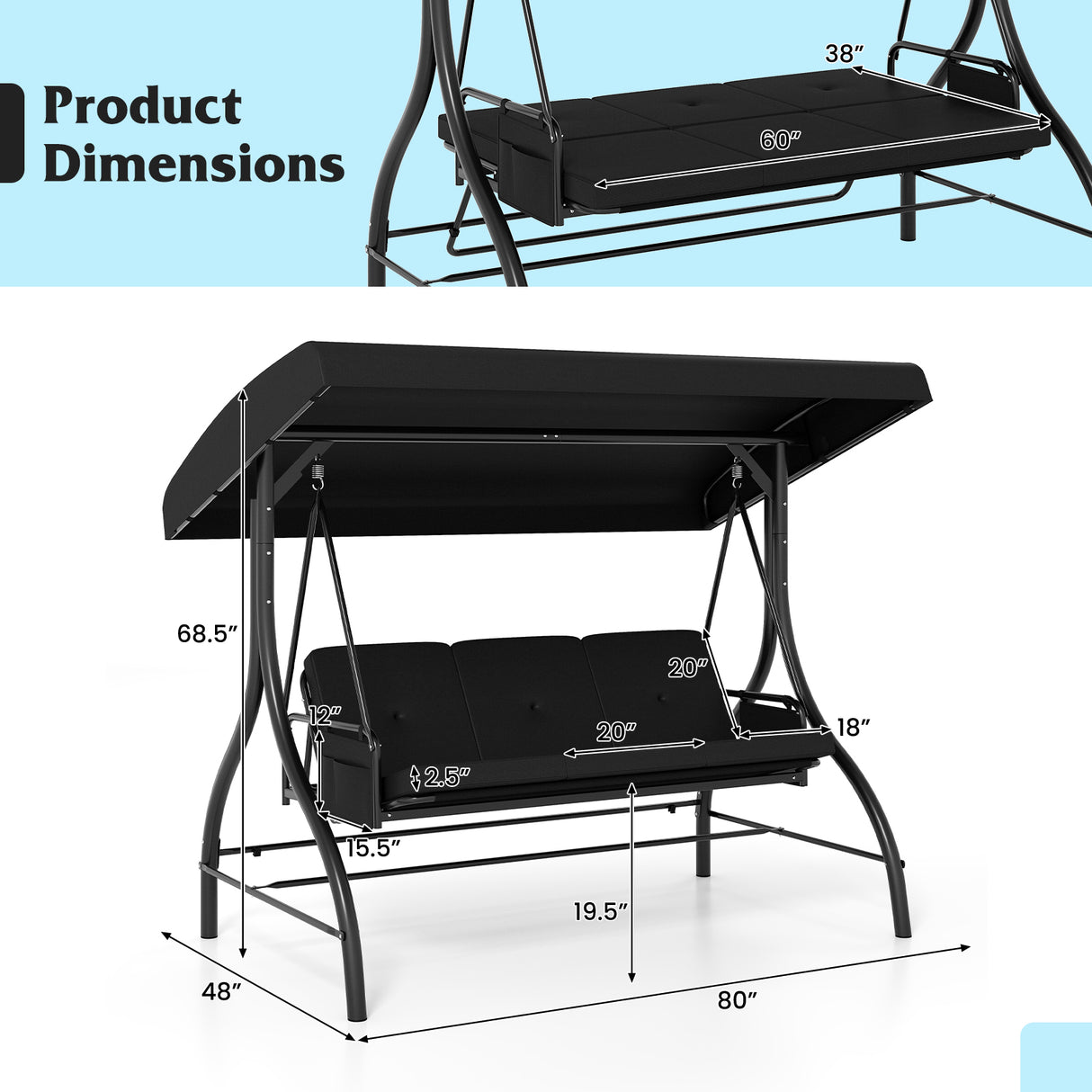 3-Piece Patio Swing with Canopy Removable Cushions and Side Pockets