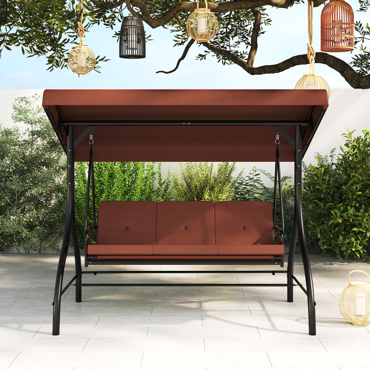 3-Piece Patio Swing with Canopy Removable Cushions and Side Pockets