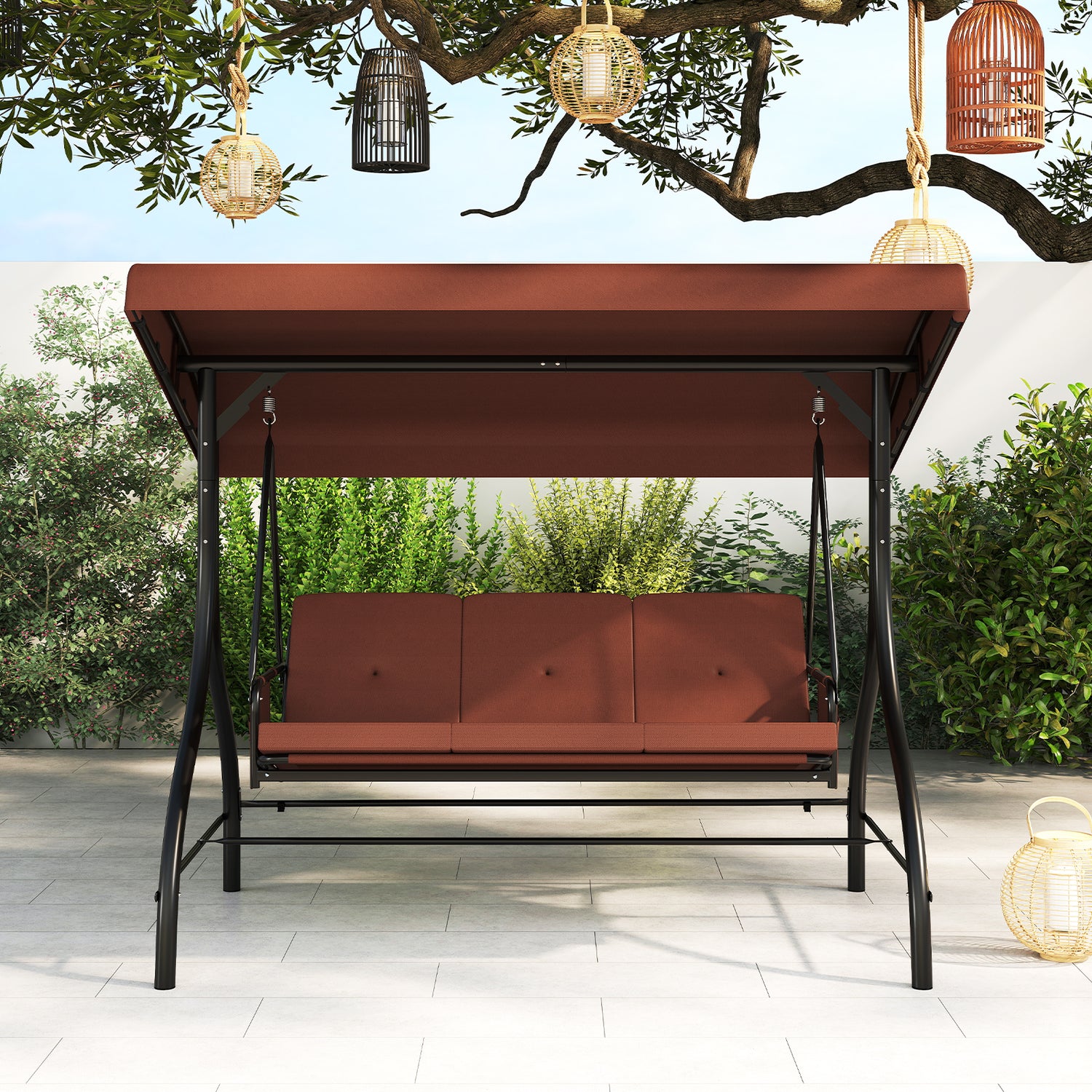 3-Piece Patio Swing with Canopy Removable Cushions and Side Pockets
