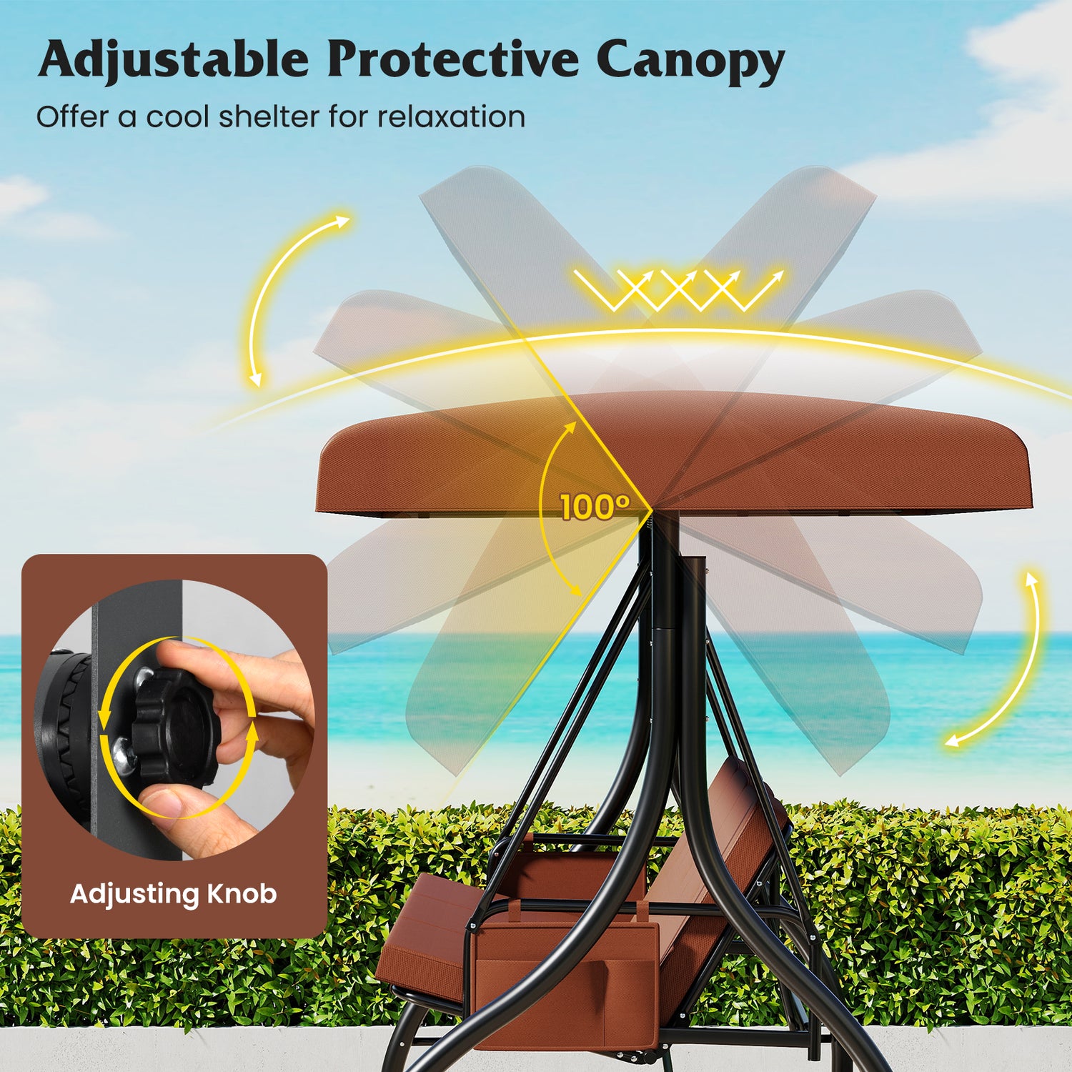 3-Piece Patio Swing with Canopy Removable Cushions and Side Pockets