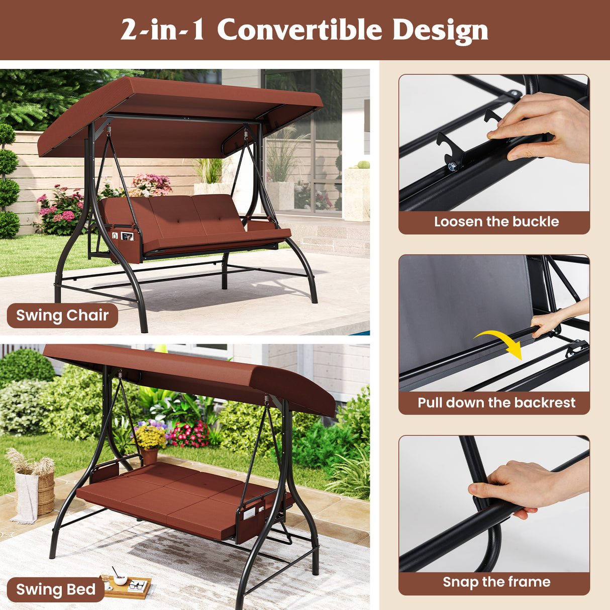 3-Piece Patio Swing with Canopy Removable Cushions and Side Pockets