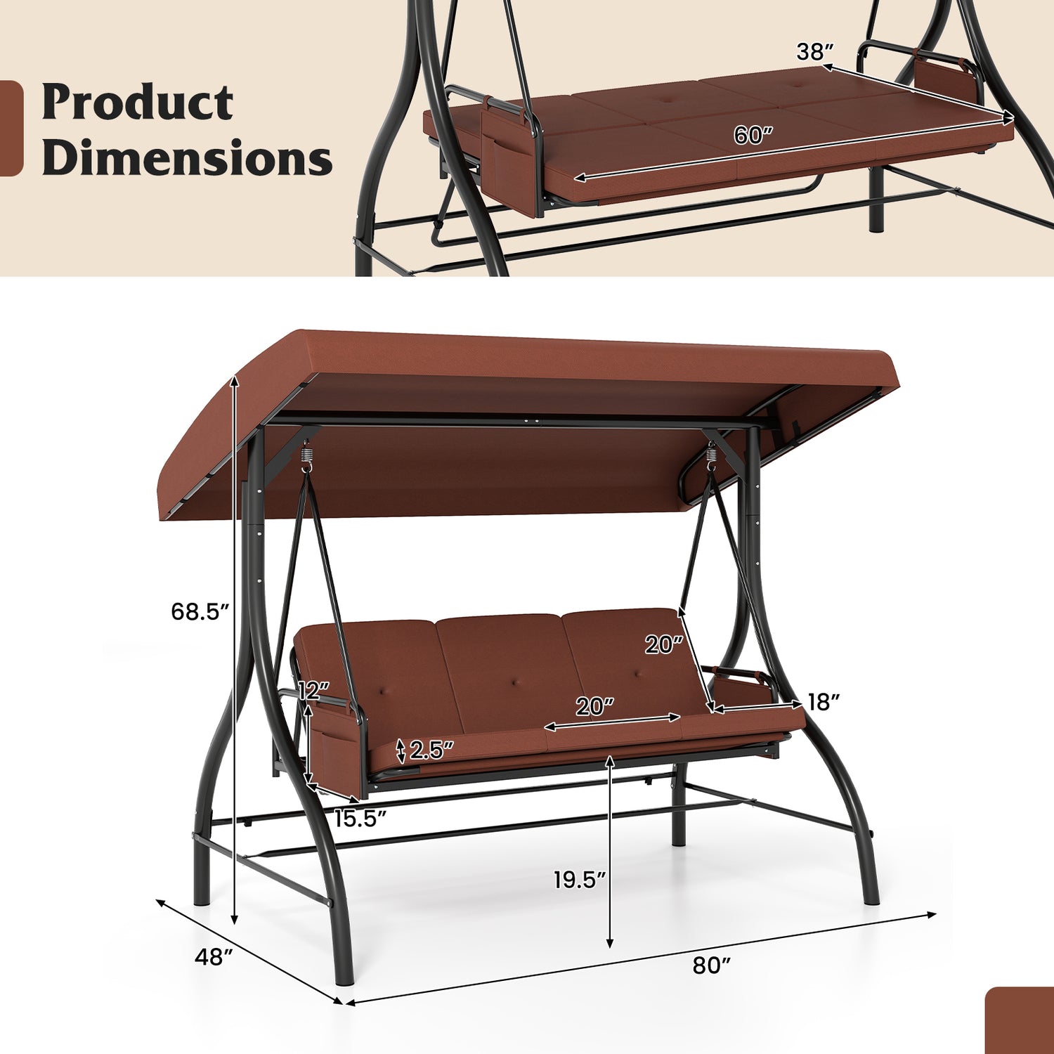 3-Piece Patio Swing with Canopy Removable Cushions and Side Pockets
