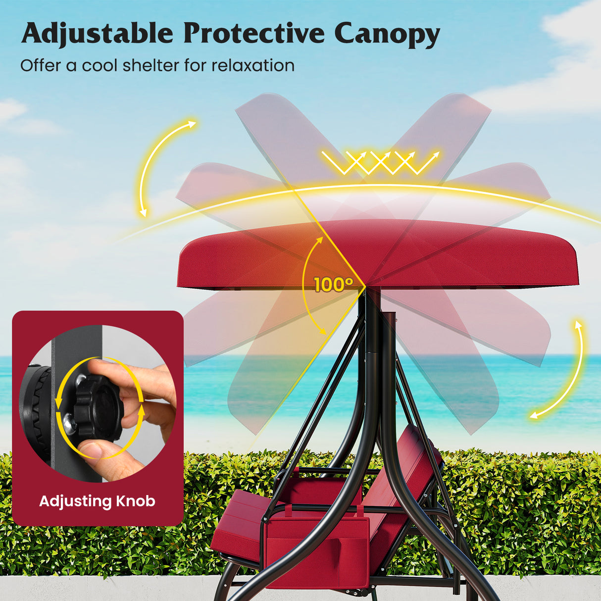 3-Piece Patio Swing with Canopy Removable Cushions and Side Pockets