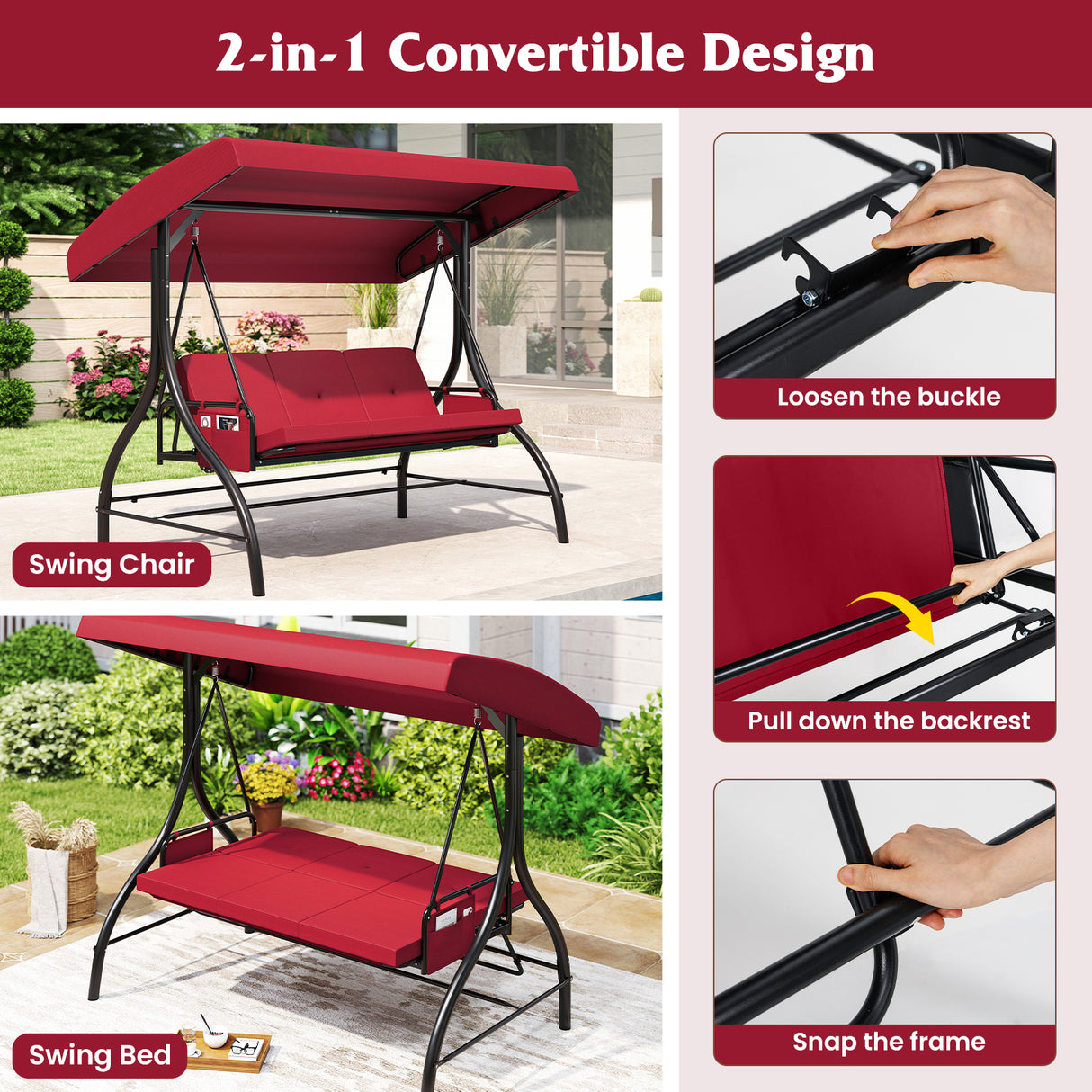 3-Piece Patio Swing with Canopy Removable Cushions and Side Pockets