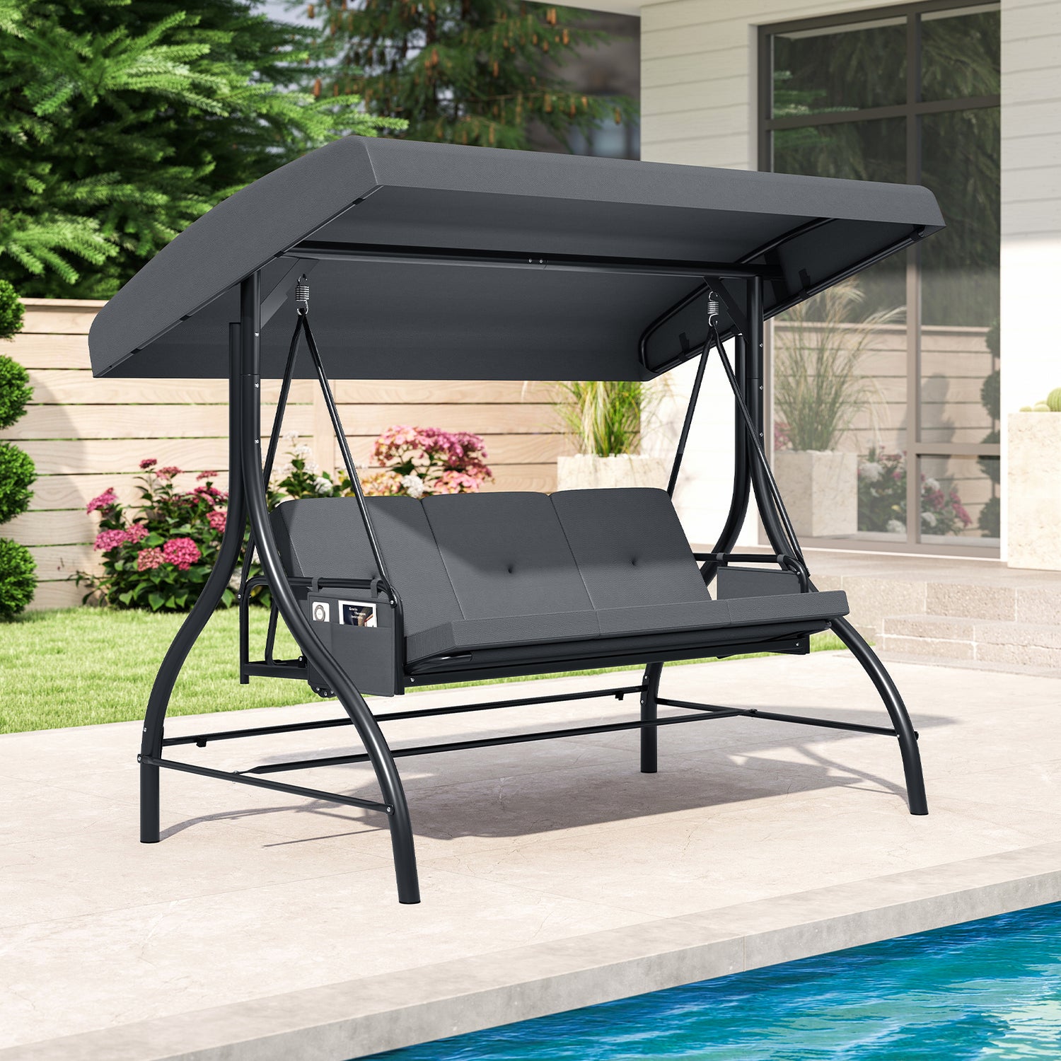 3-Piece Patio Swing with Canopy Removable Cushions and Side Pockets