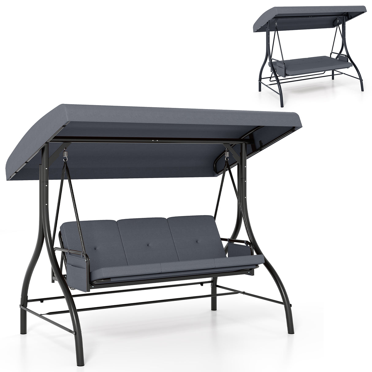 3-Piece Patio Swing with Canopy Removable Cushions and Side Pockets