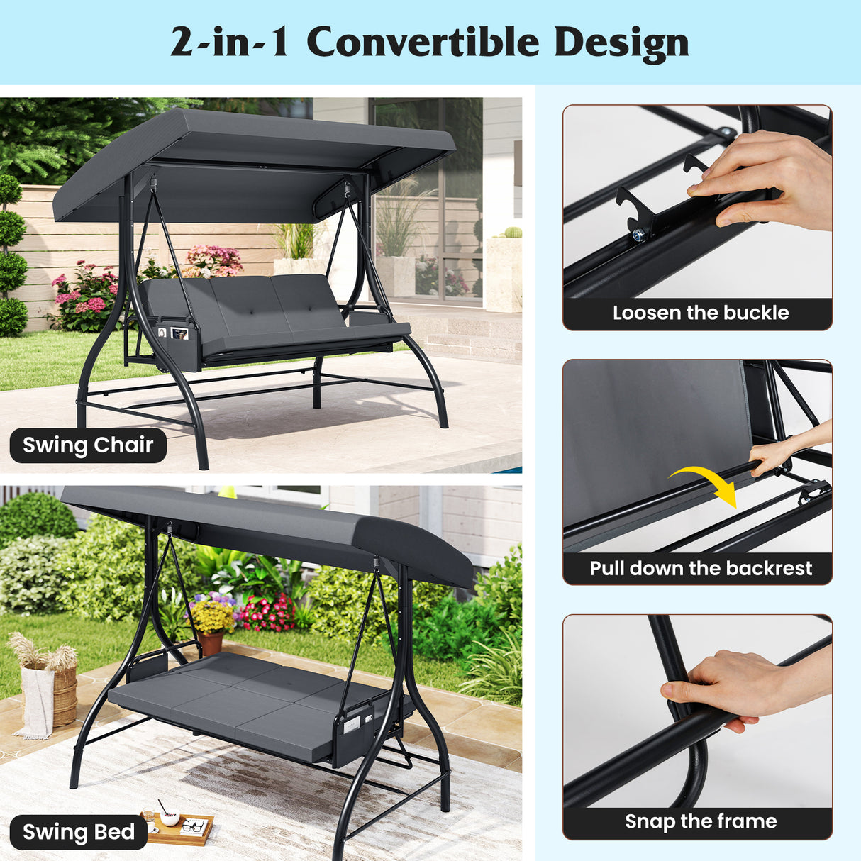 3-Piece Patio Swing with Canopy Removable Cushions and Side Pockets
