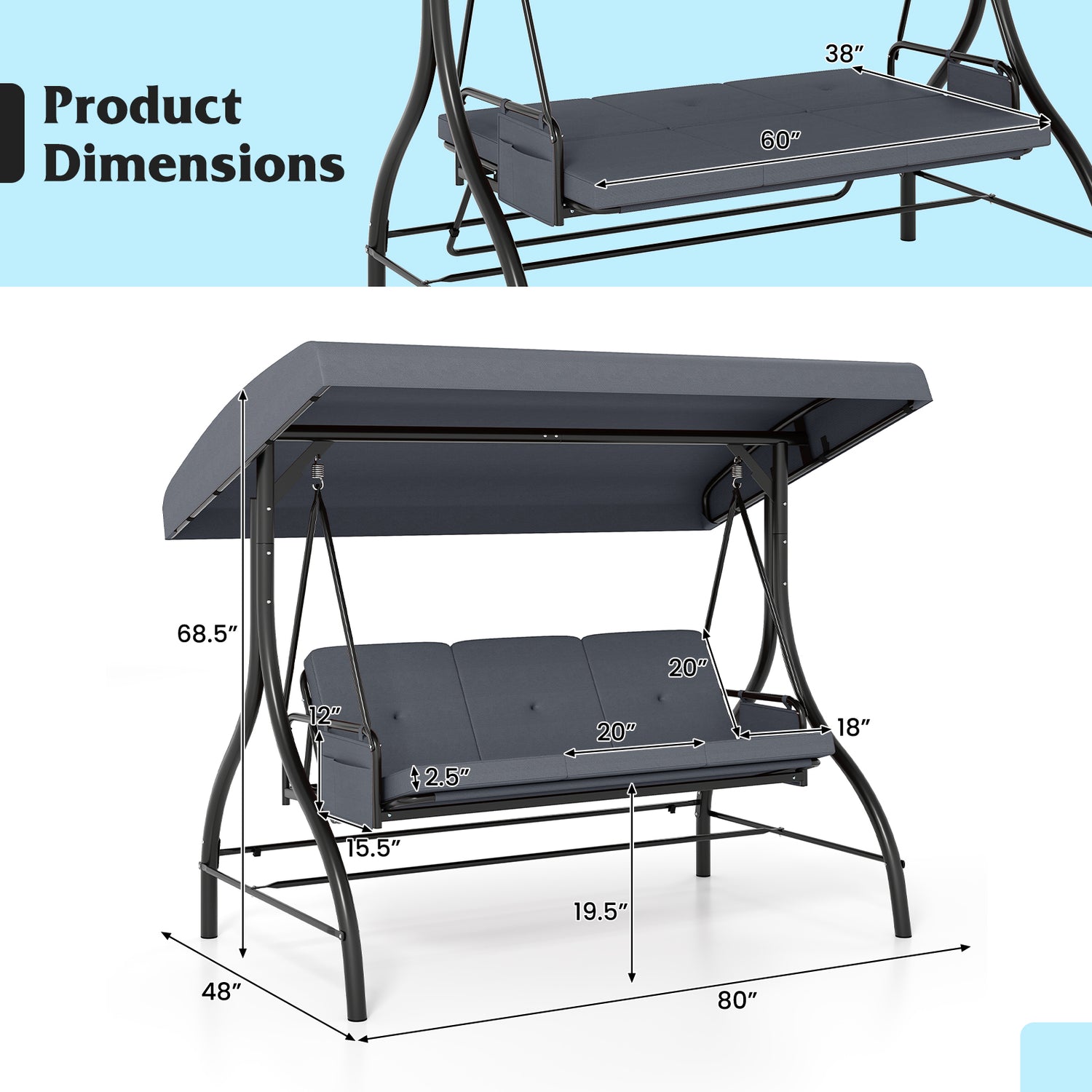 3-Piece Patio Swing with Canopy Removable Cushions and Side Pockets