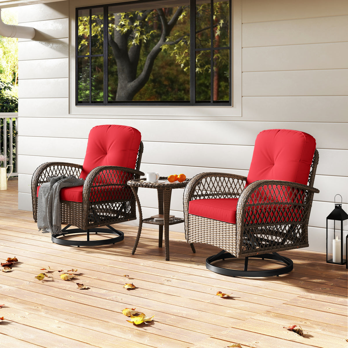 3 Piece Patio Swivel Rocker Set with Tempered Glass Side Table and Thick Cushions