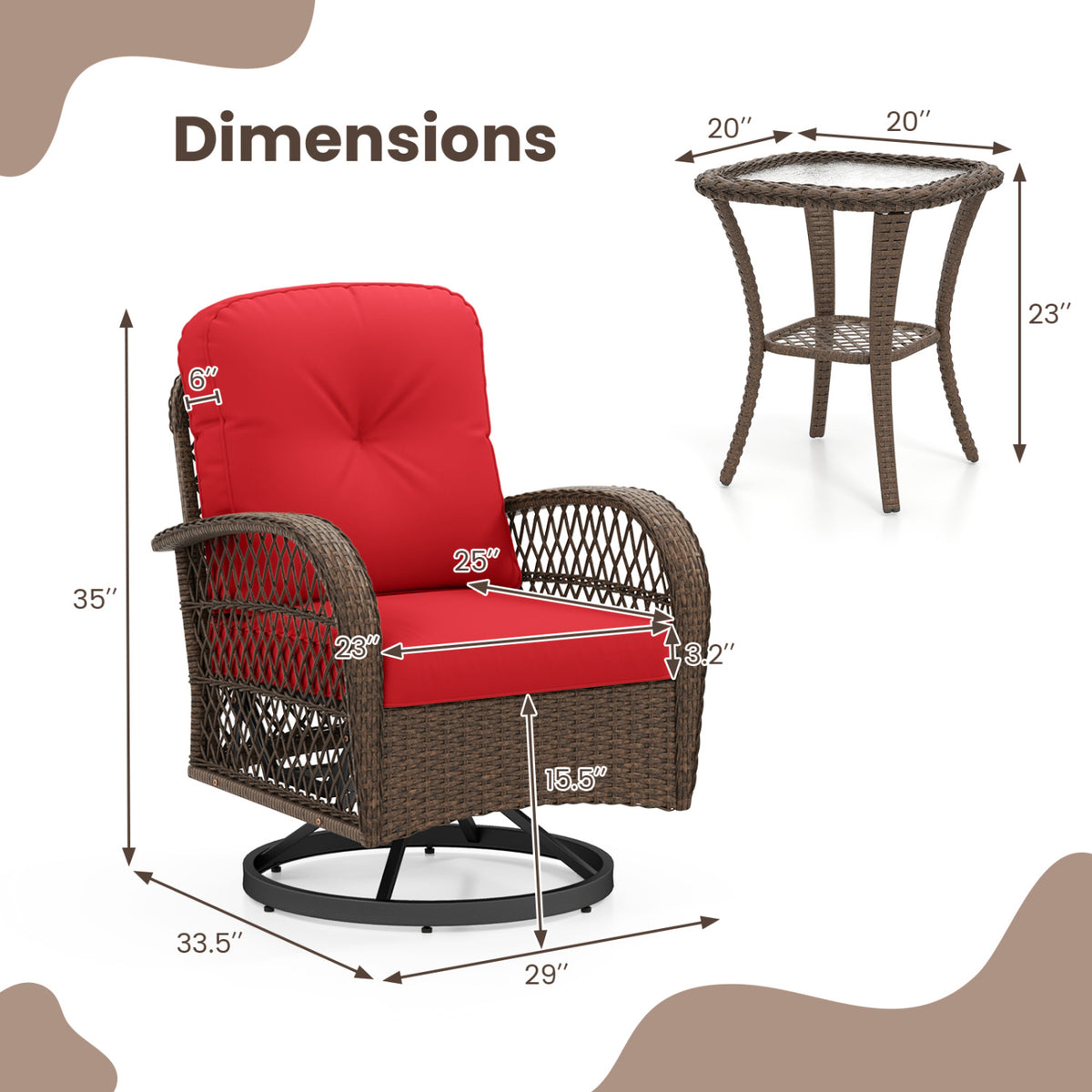 3 Piece Patio Swivel Rocker Set with Tempered Glass Side Table and Thick Cushions
