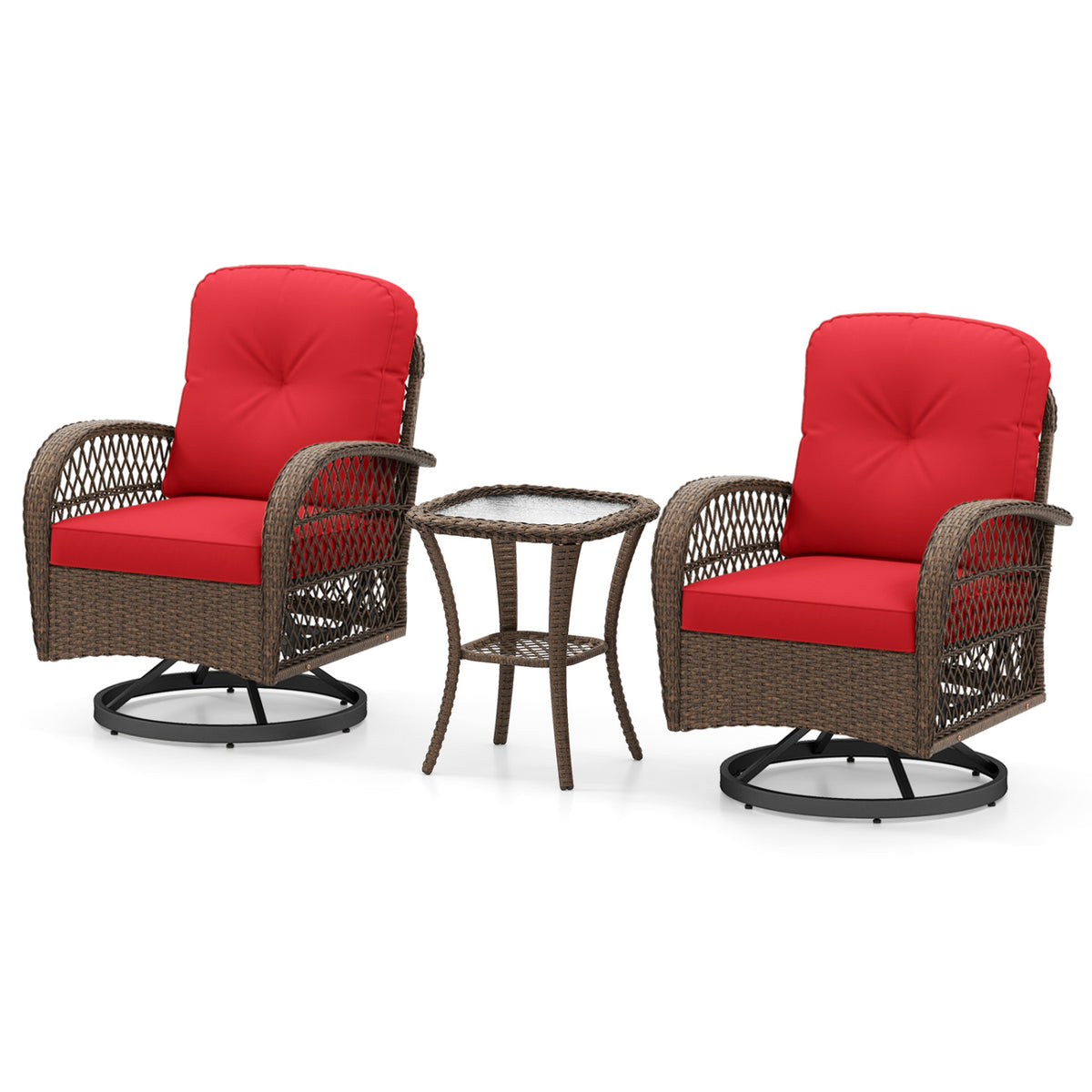 3 Piece Patio Swivel Rocker Set with Tempered Glass Side Table and Thick Cushions
