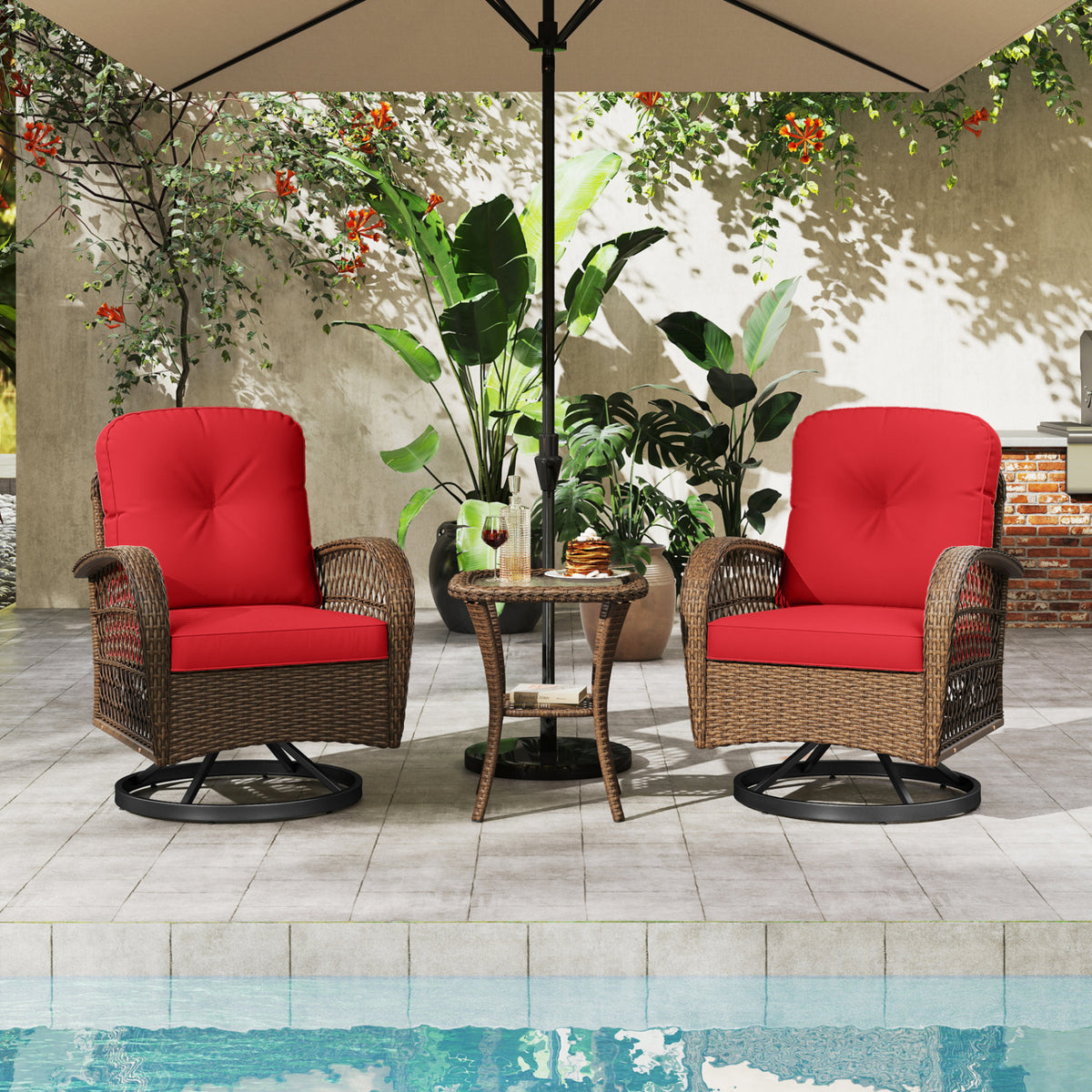 3 Piece Patio Swivel Rocker Set with Tempered Glass Side Table and Thick Cushions