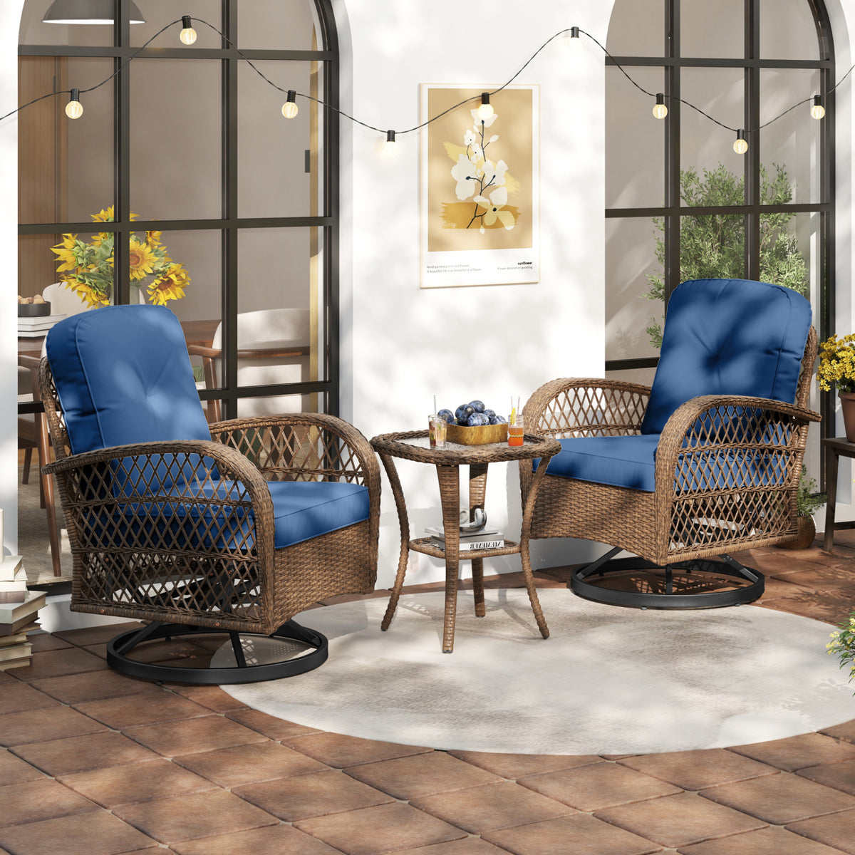 3 Piece Patio Swivel Rocker Set with Tempered Glass Side Table and Thick Cushions