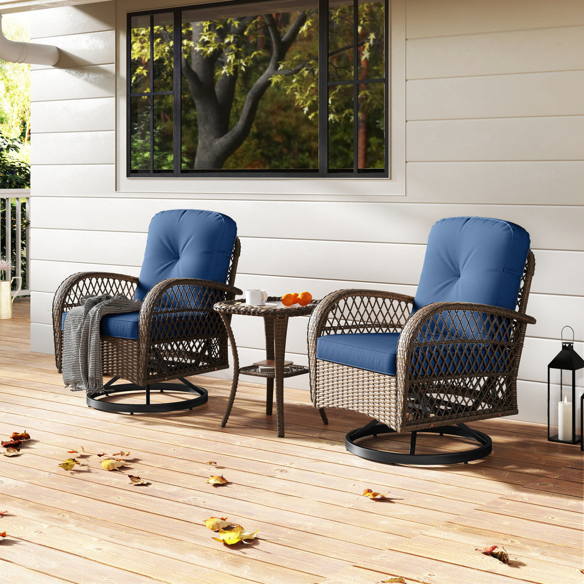 3 Piece Patio Swivel Rocker Set with Tempered Glass Side Table and Thick Cushions
