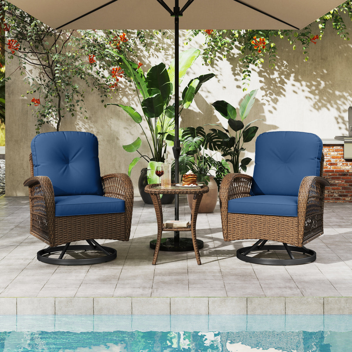 3 Piece Patio Swivel Rocker Set with Tempered Glass Side Table and Thick Cushions