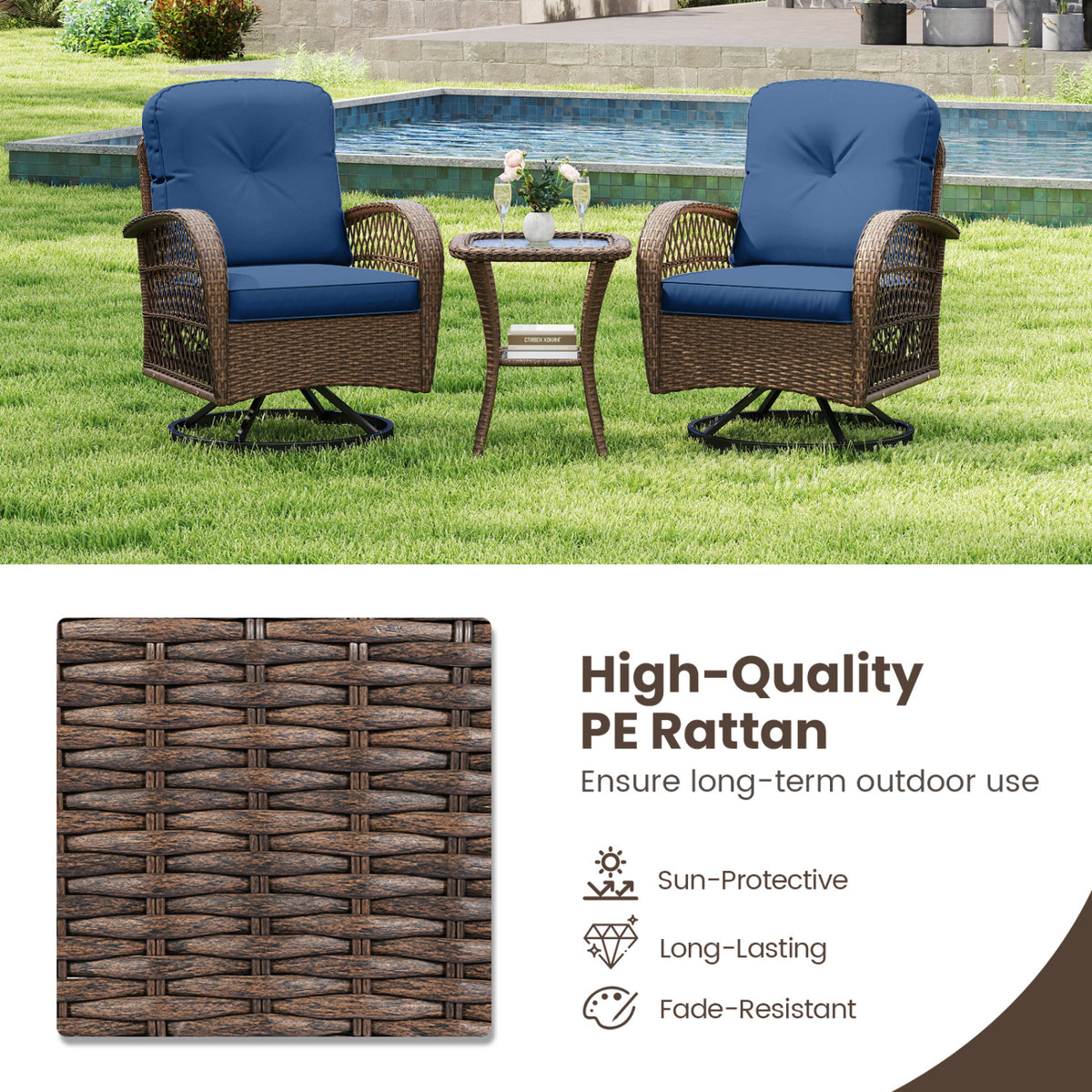 3 Piece Patio Swivel Rocker Set with Tempered Glass Side Table and Thick Cushions