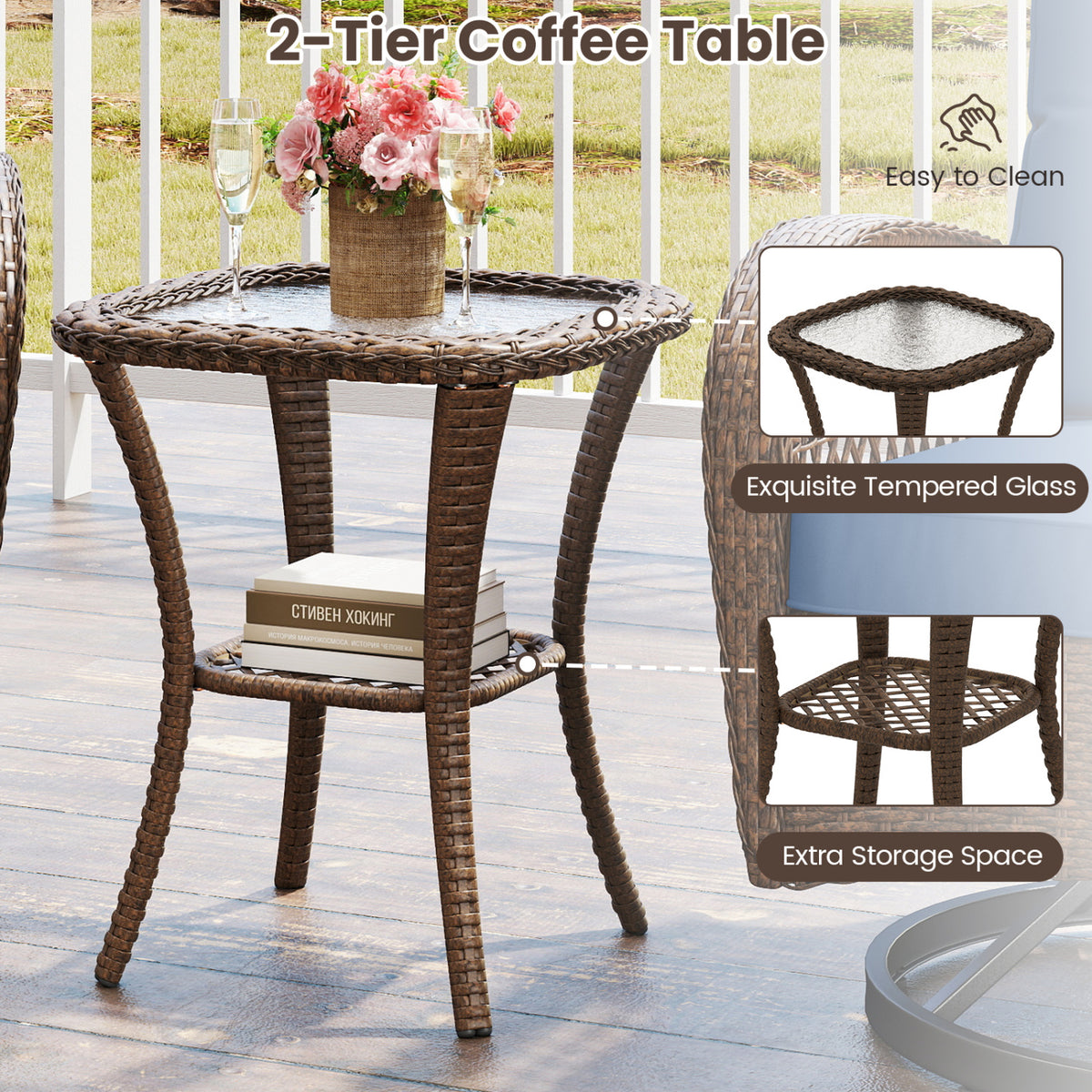 3 Piece Patio Swivel Rocker Set with Tempered Glass Side Table and Thick Cushions