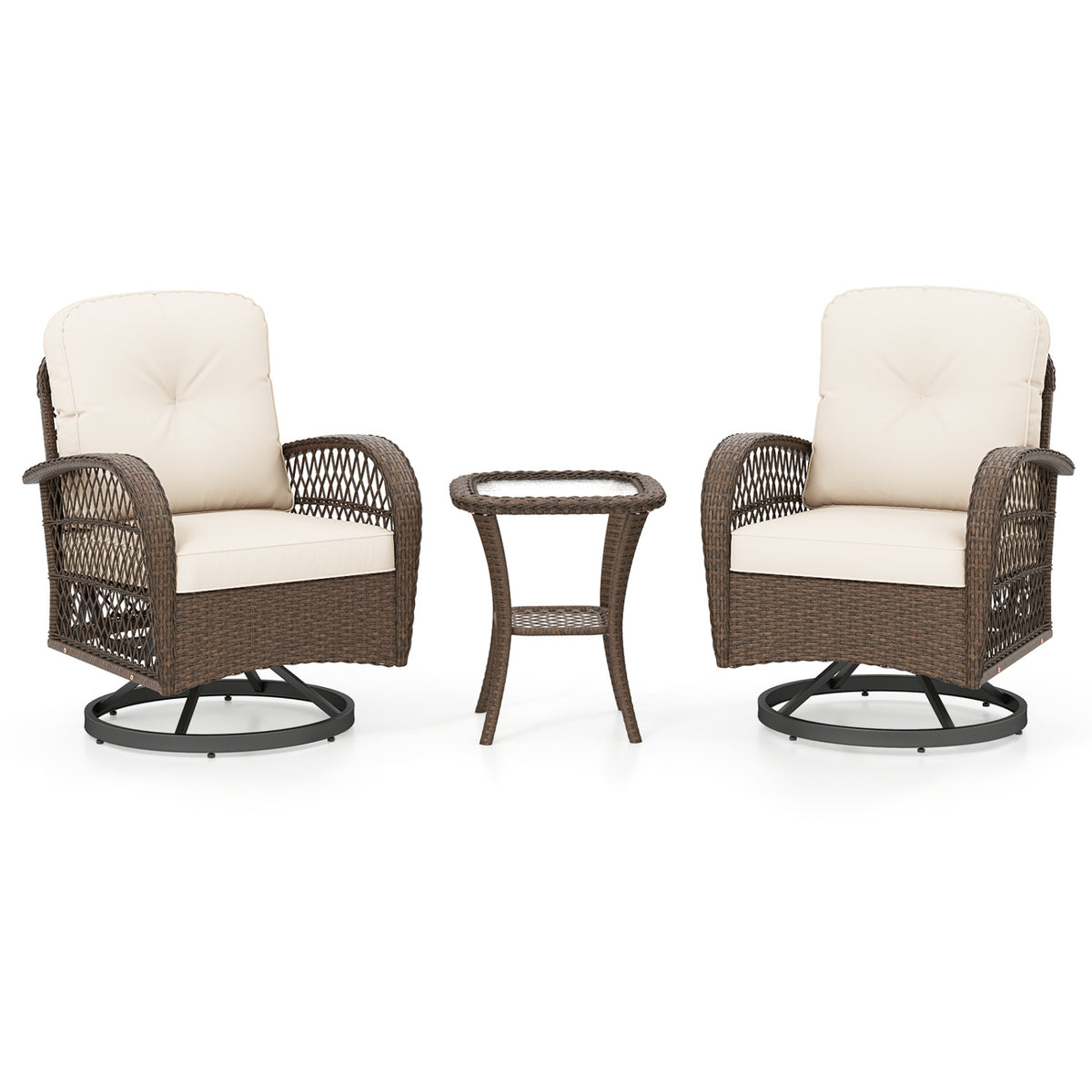 3 Piece Patio Swivel Rocker Set with Tempered Glass Side Table and Thick Cushions
