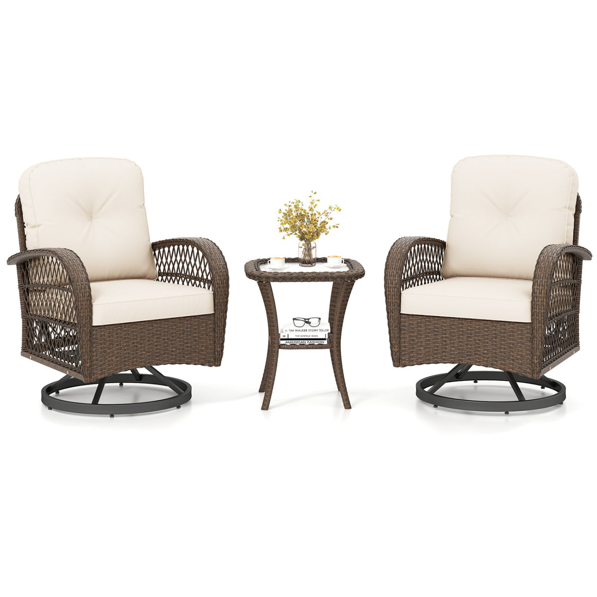 3 Piece Patio Swivel Rocker Set with Tempered Glass Side Table and Thick Cushions
