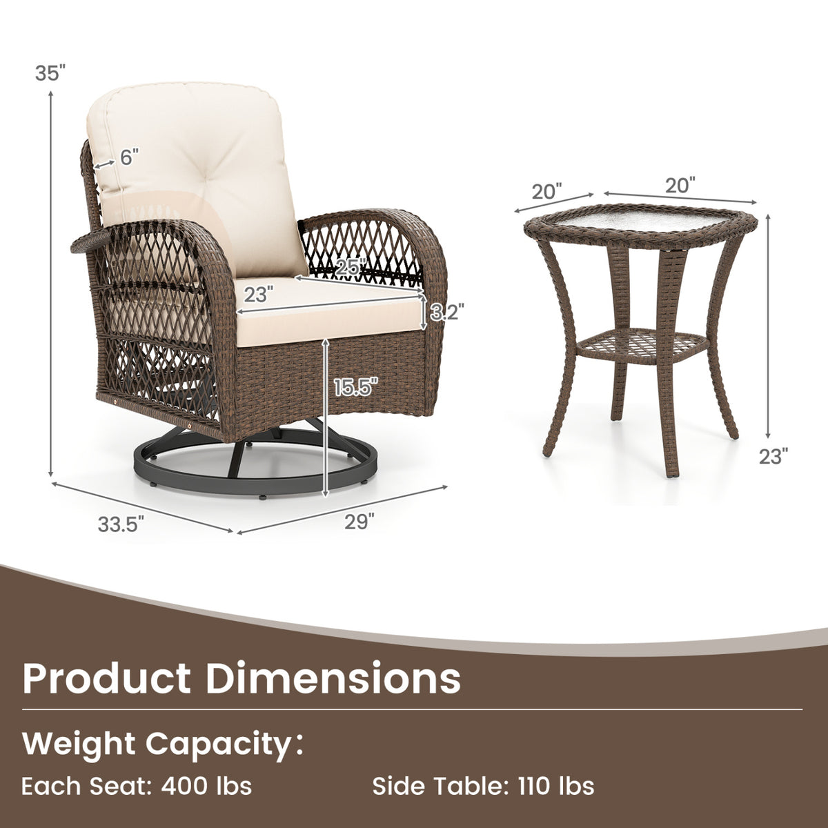 3 Piece Patio Swivel Rocker Set with Tempered Glass Side Table and Thick Cushions