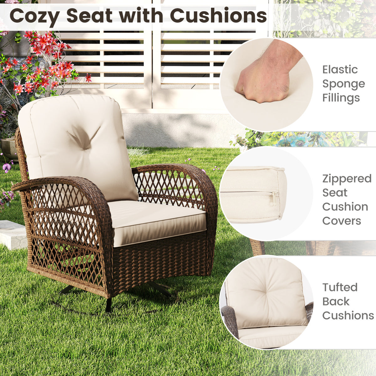 3 Piece Patio Swivel Rocker Set with Tempered Glass Side Table and Thick Cushions