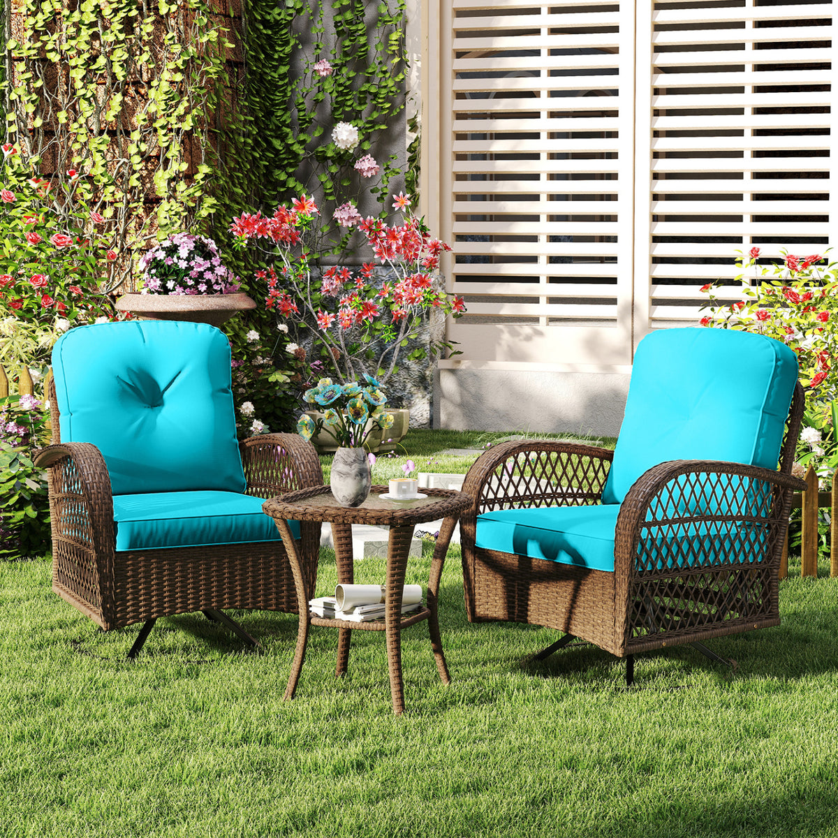 3 Piece Patio Swivel Rocker Set with Tempered Glass Side Table and Thick Cushions