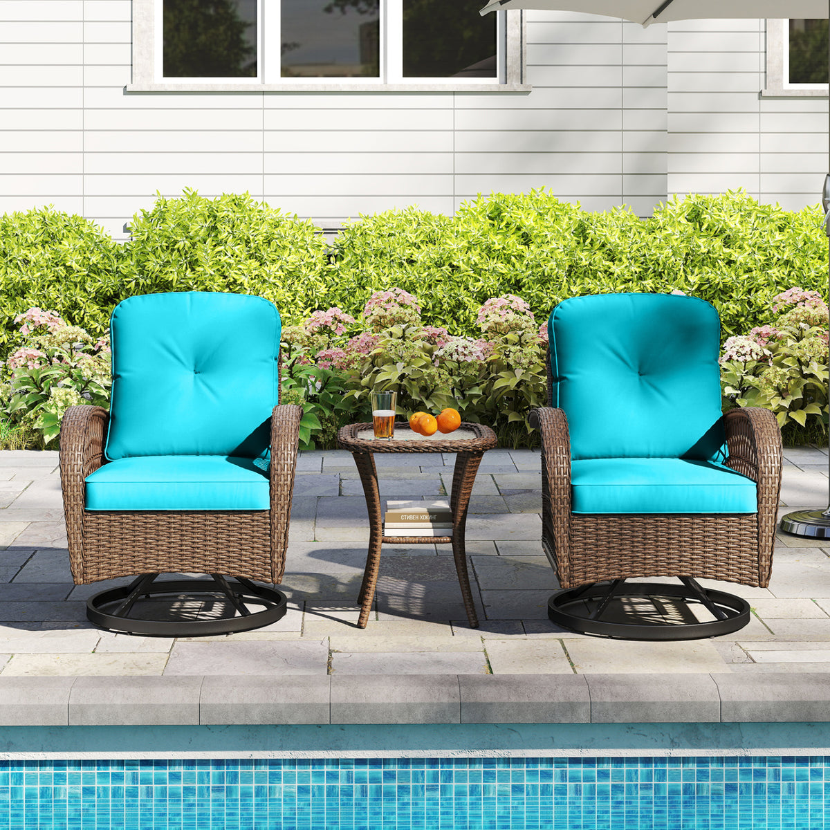 3 Piece Patio Swivel Rocker Set with Tempered Glass Side Table and Thick Cushions