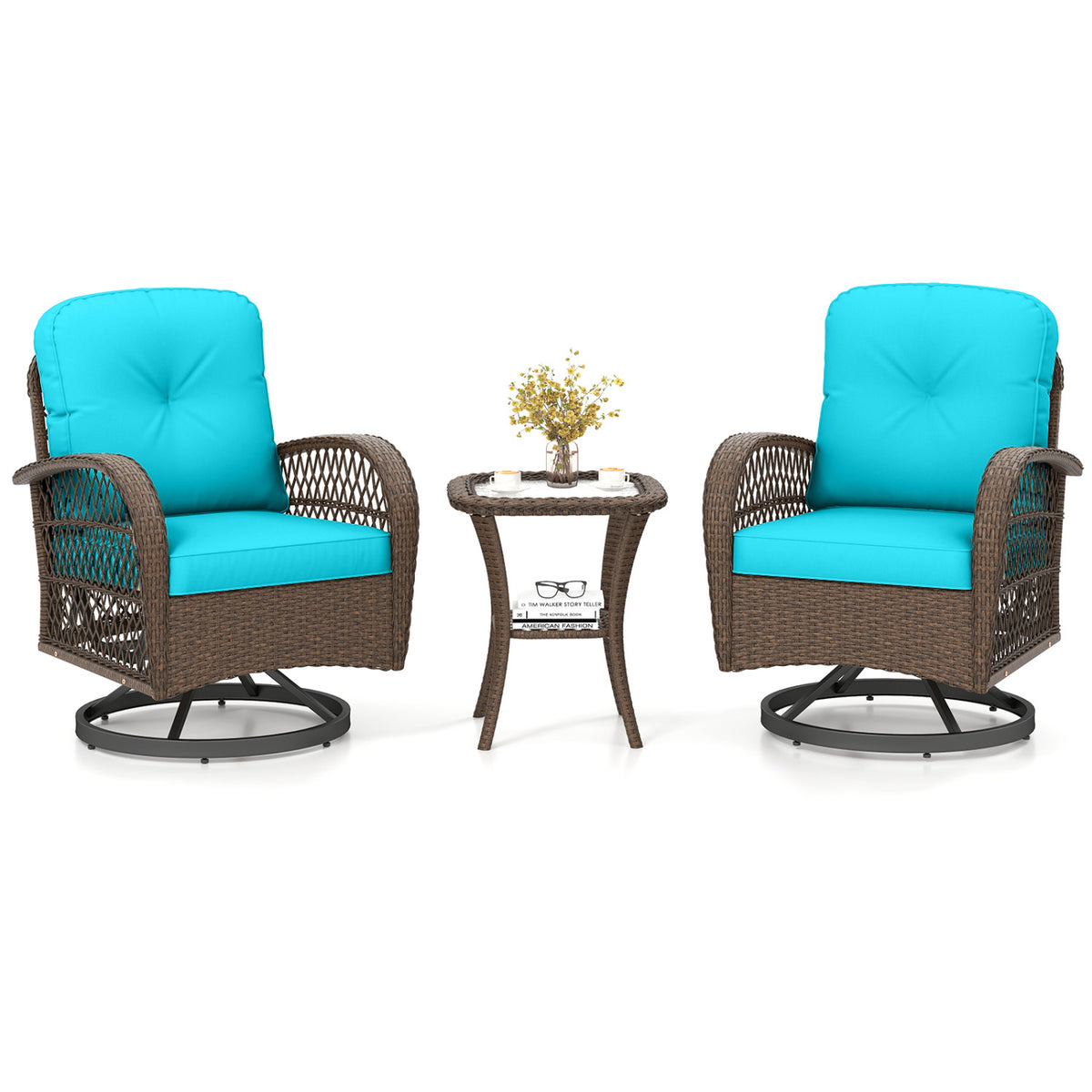 3 Piece Patio Swivel Rocker Set with Tempered Glass Side Table and Thick Cushions