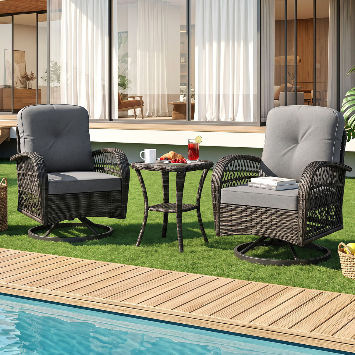 3 Piece Patio Swivel Rocker Set with Tempered Glass Side Table and Thick Cushions