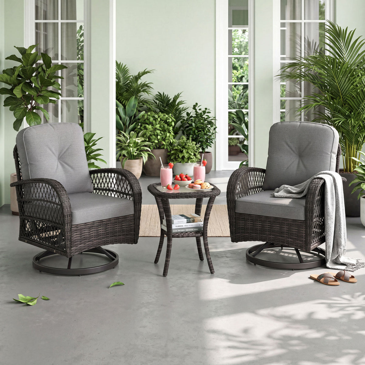 3 Piece Patio Swivel Rocker Set with Tempered Glass Side Table and Thick Cushions