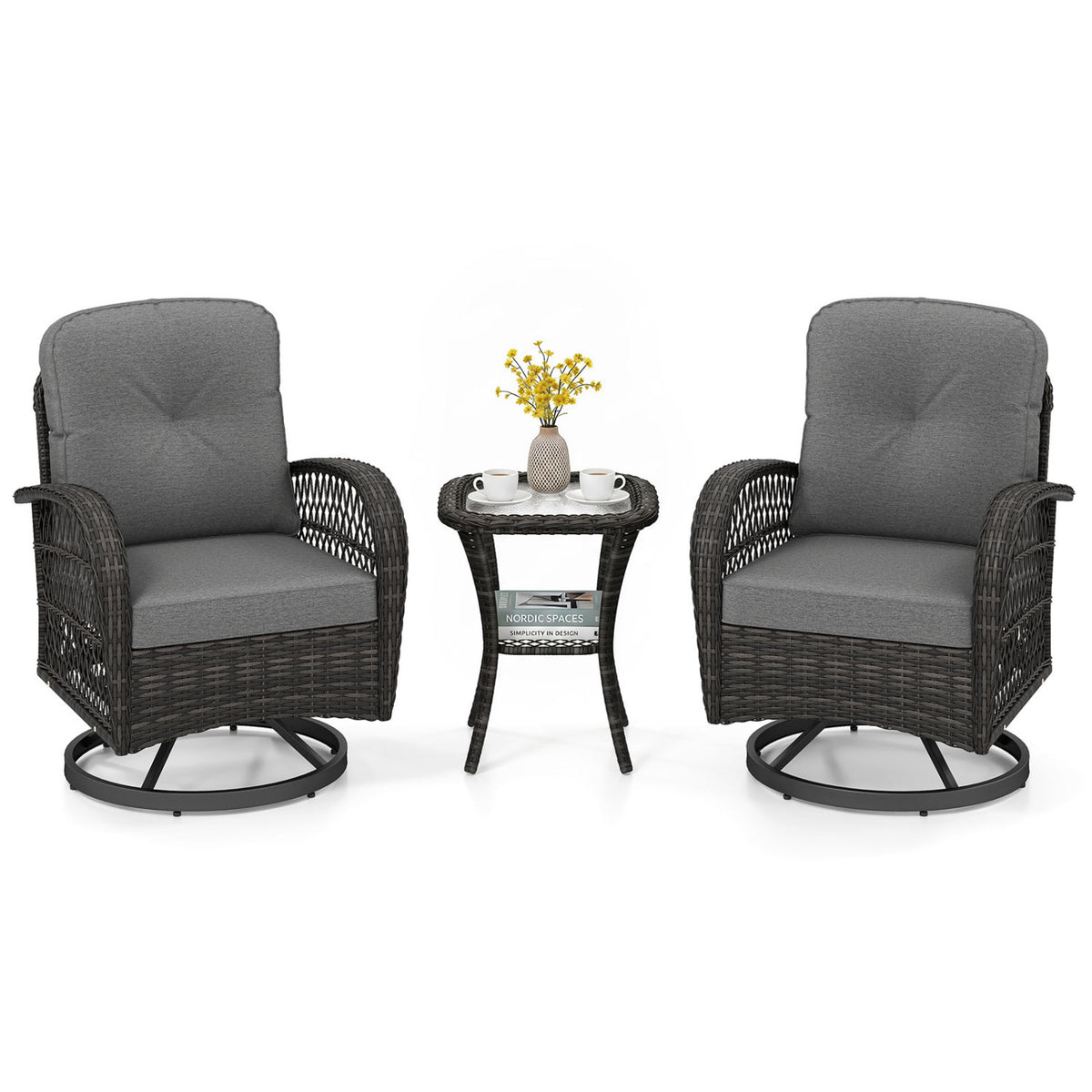 3 Piece Patio Swivel Rocker Set with Tempered Glass Side Table and Thick Cushions
