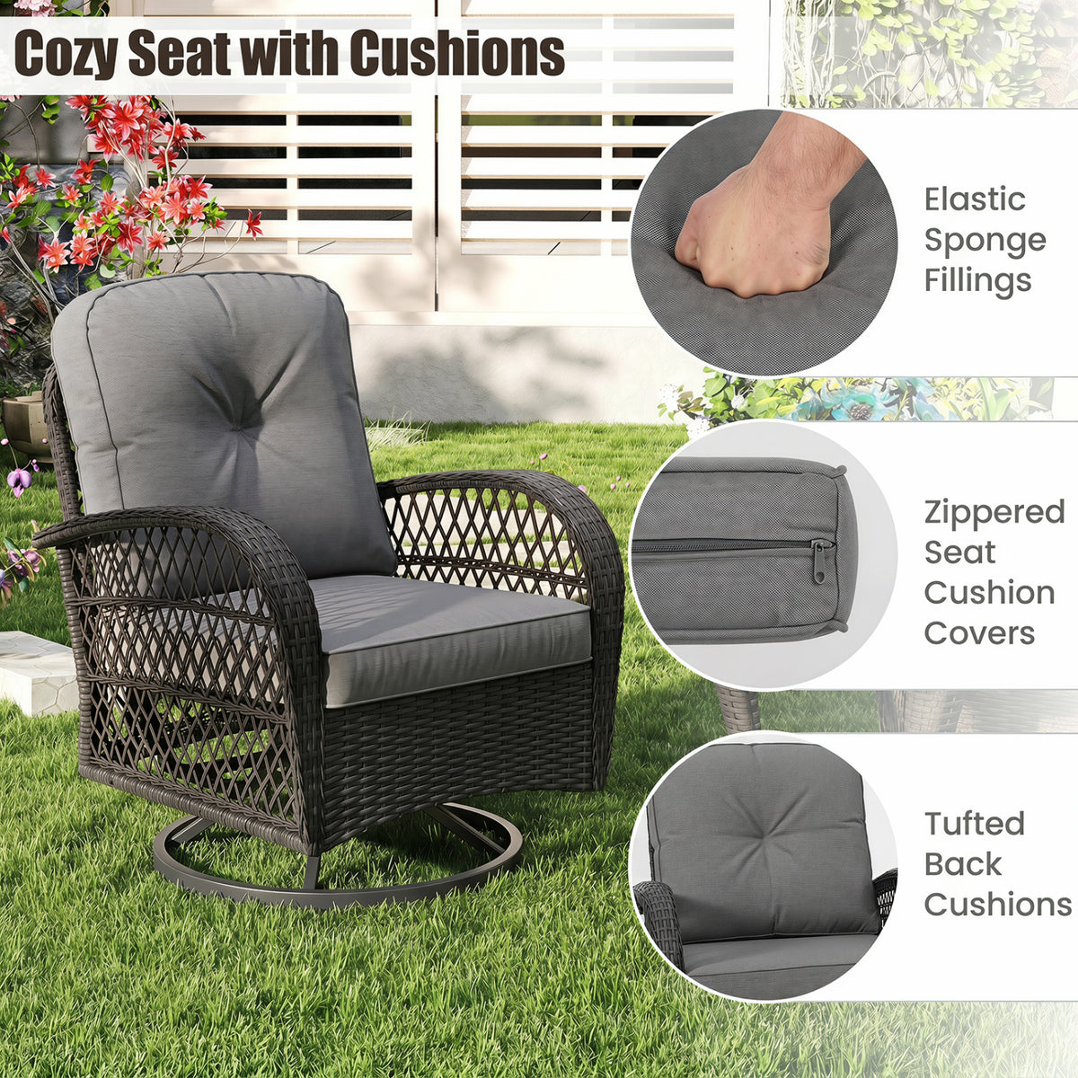 3 Piece Patio Swivel Rocker Set with Tempered Glass Side Table and Thick Cushions