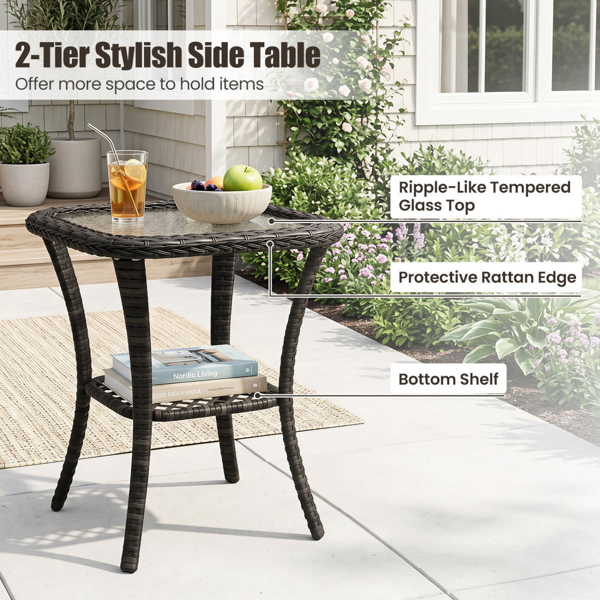 3 Piece Patio Swivel Rocker Set with Tempered Glass Side Table and Thick Cushions
