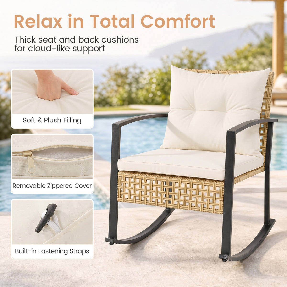 3-Piece Rattan Wicker Patio Conversation Set for Porch Balcony Garden Backyard-White