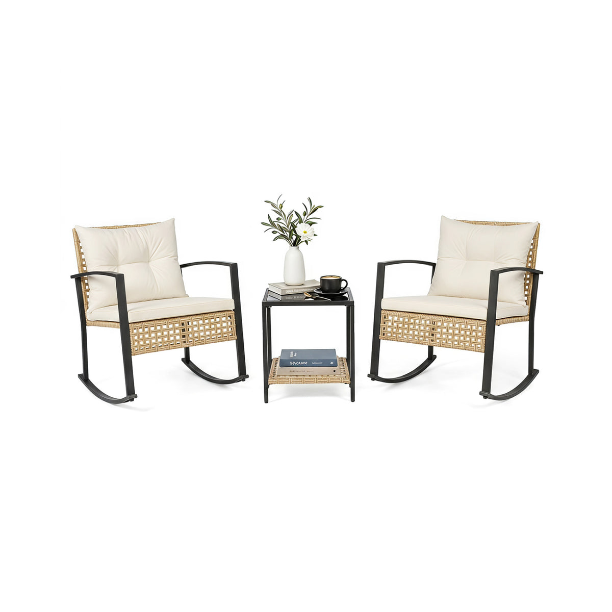 3-Piece Rattan Wicker Patio Conversation Set for Porch Balcony Garden Backyard-White