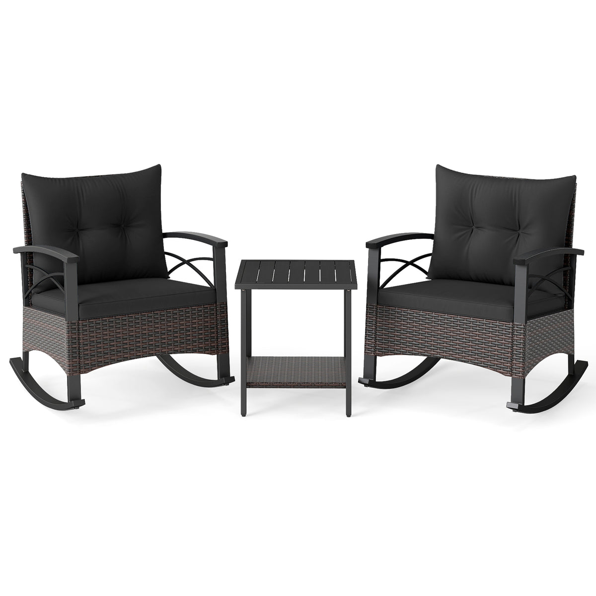 3 Piece Rocking Bistro Set PE Rattan Rocker Chairs with Acacia Wood Top Table