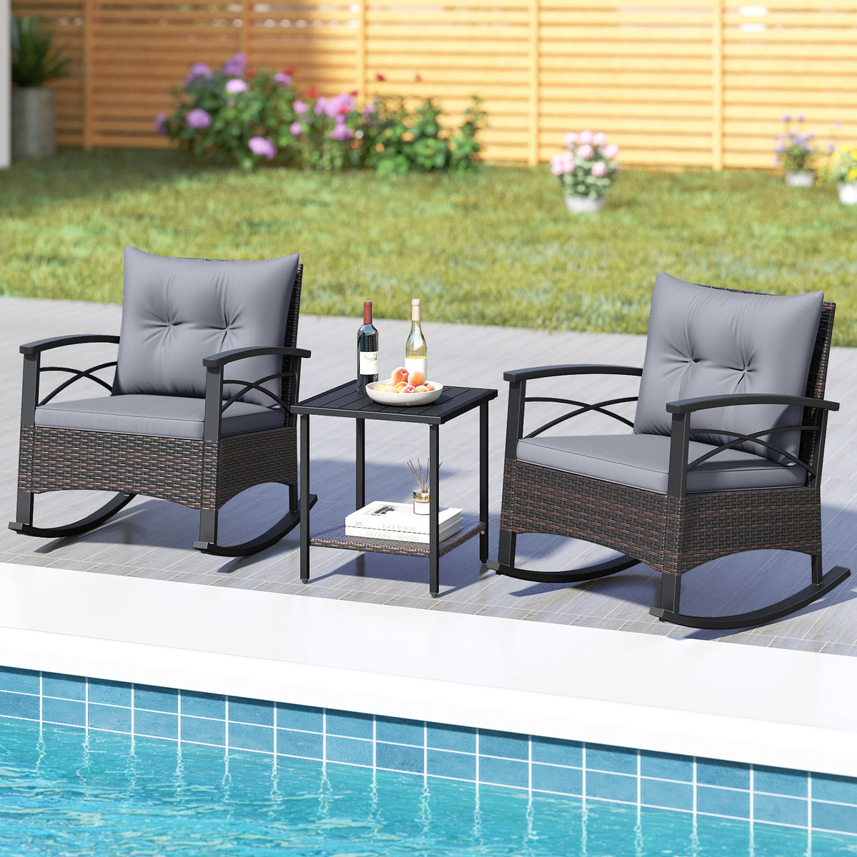 3 Piece Rocking Bistro Set PE Rattan Rocker Chairs with Acacia Wood Top Table