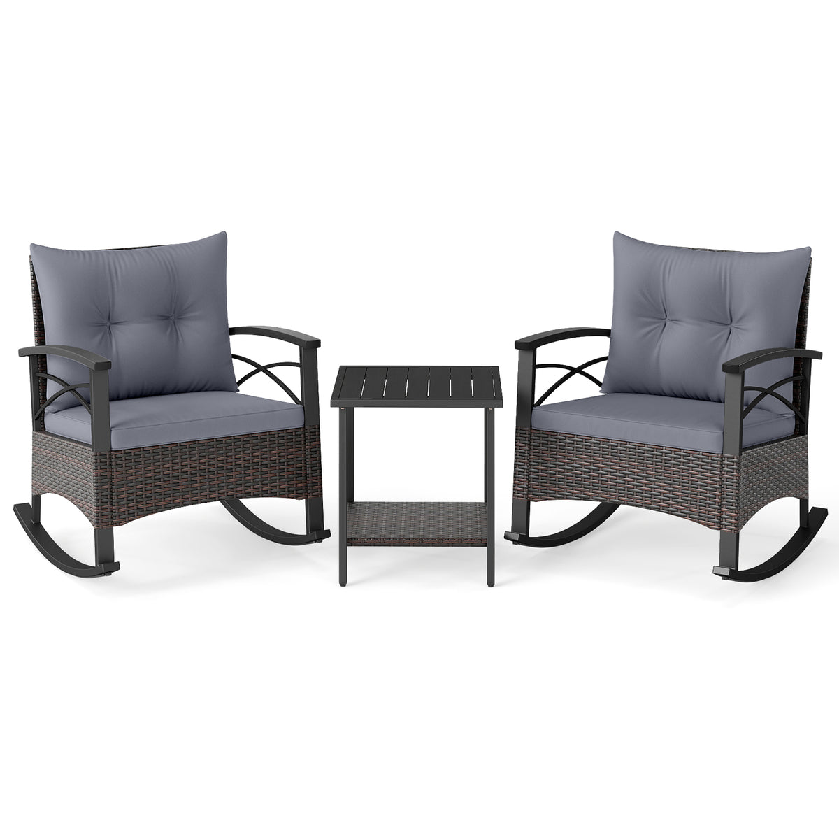 3 Piece Rocking Bistro Set PE Rattan Rocker Chairs with Acacia Wood Top Table