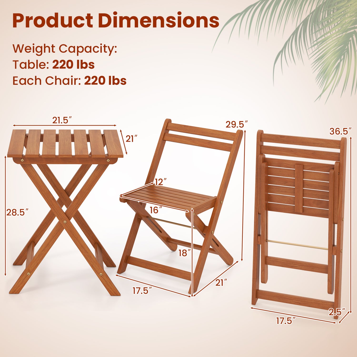 3 Piece Solid Wood Furniture Set with 2 Folding Chairs