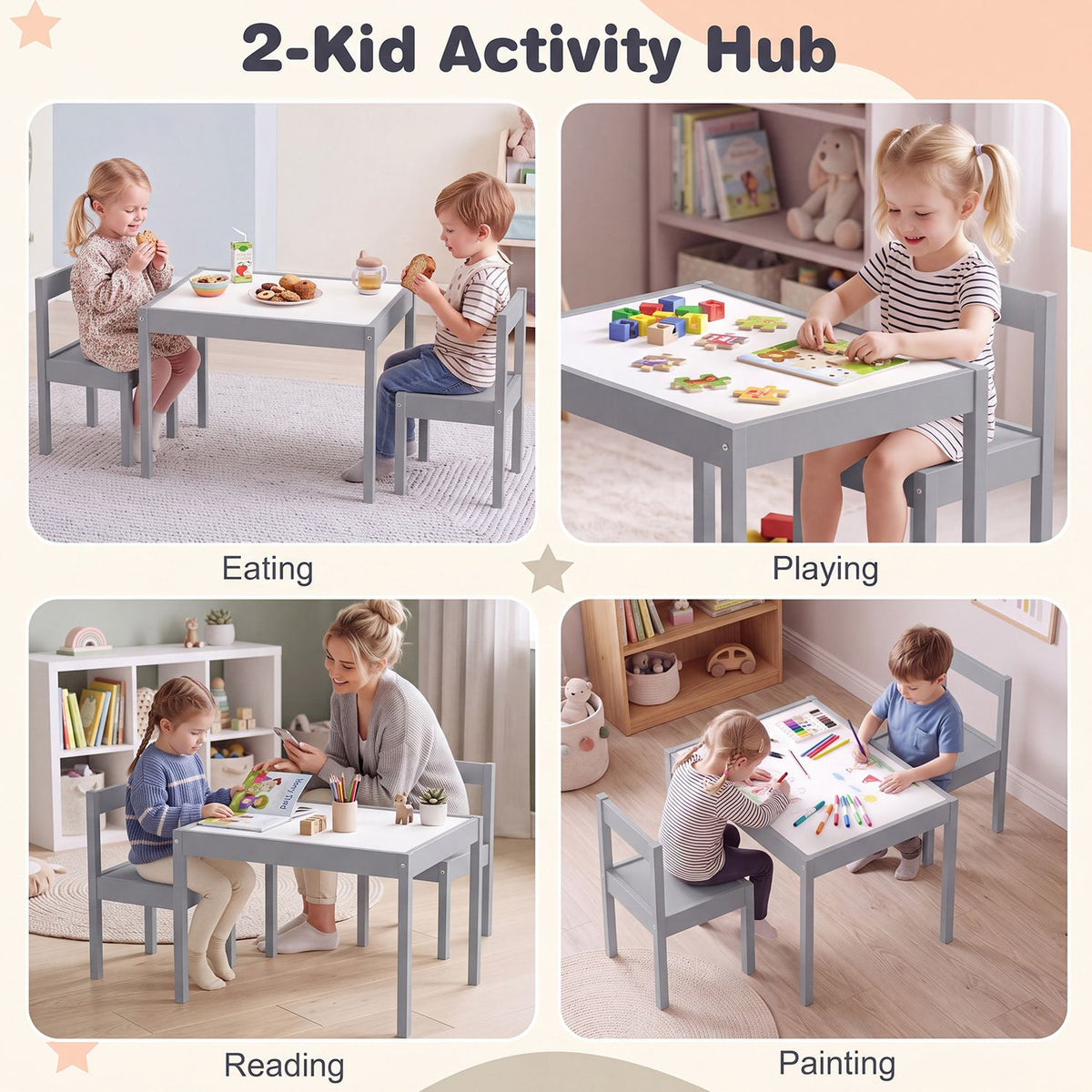 3-Piece Toddler Activity Table Set with Solid Rubber Wood Frame