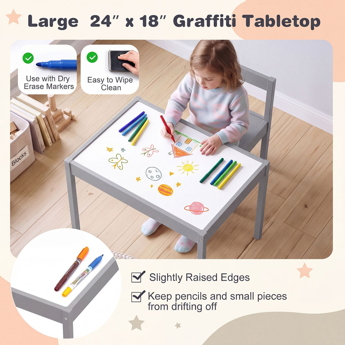 3-Piece Toddler Activity Table Set with Solid Rubber Wood Frame