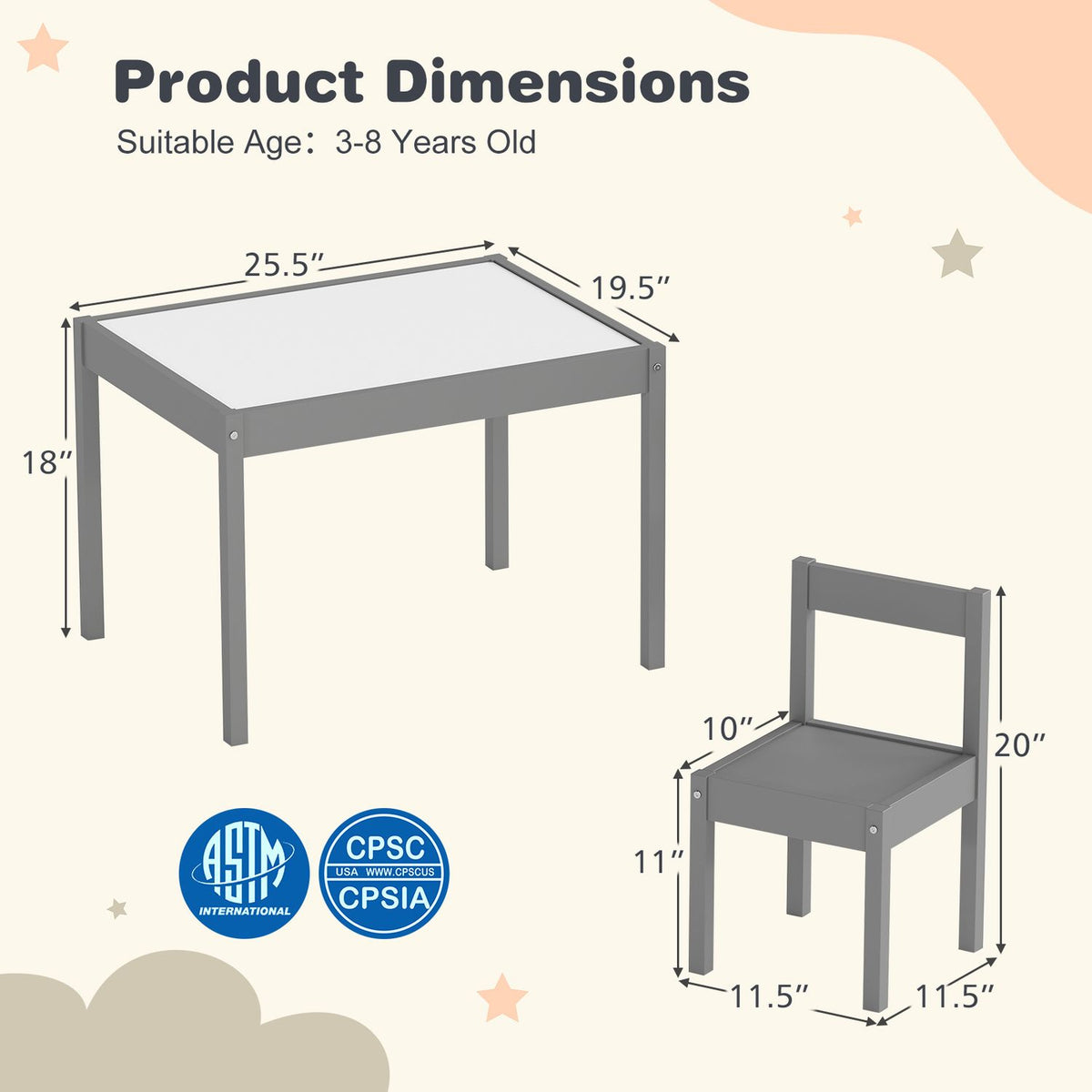3-Piece Toddler Activity Table Set with Solid Rubber Wood Frame
