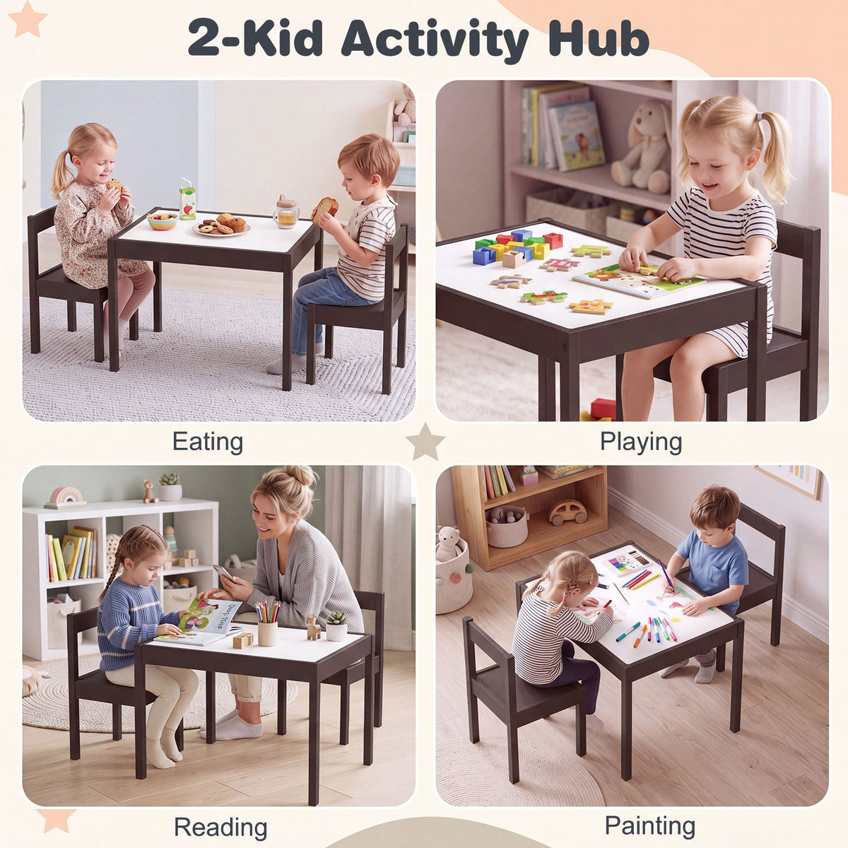 3-Piece Toddler Activity Table Set with Solid Rubber Wood Frame